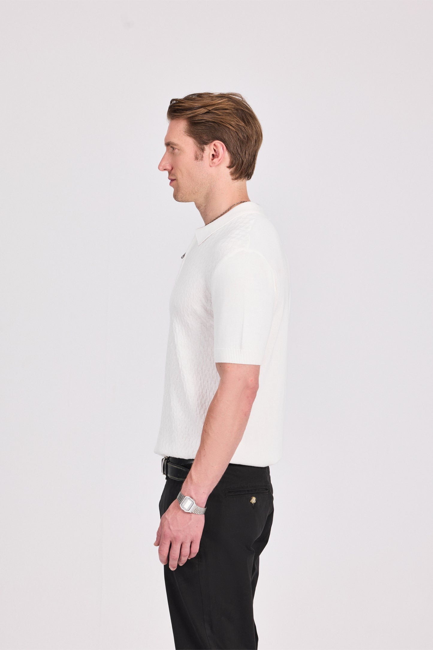 Basketweave Knitted Cotton Polo With Zipper