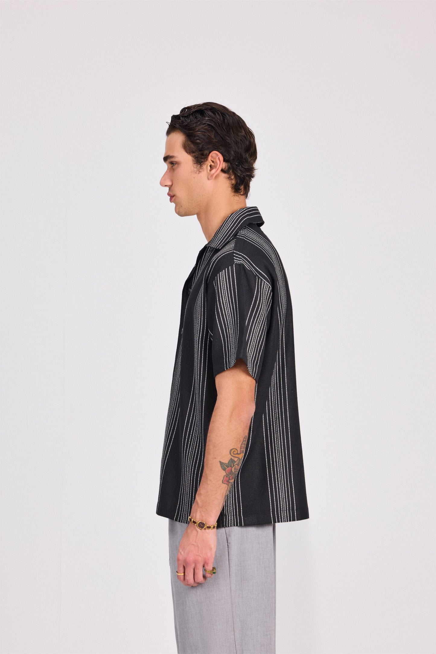 Black Striped 100% Cotton Short Sleeve Shirt