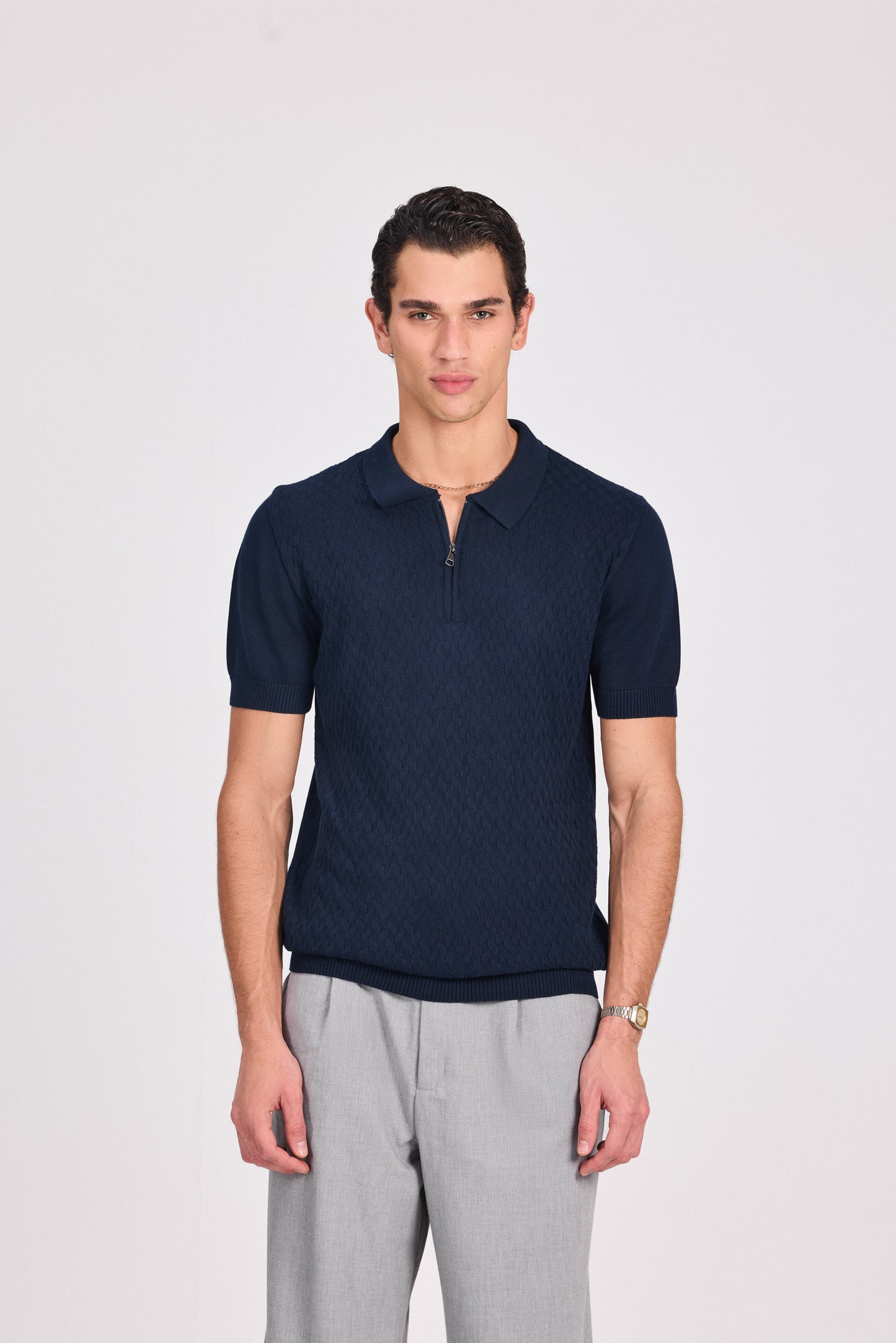 Basketweave Knitted Cotton Polo With Zipper