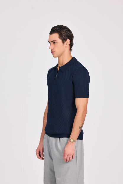 Basketweave Knitted Cotton Polo With Zipper
