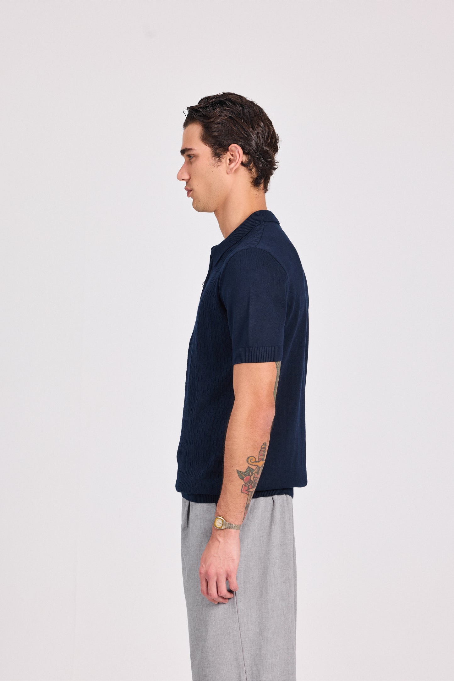 Basketweave Knitted Cotton Polo With Zipper