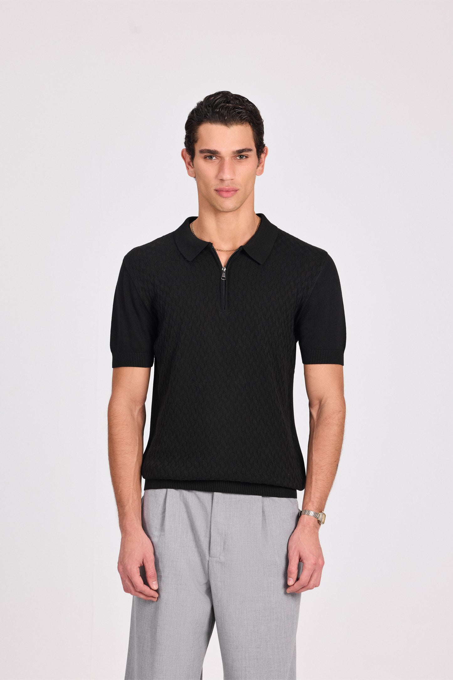 Basketweave Knitted Cotton Polo With Zipper