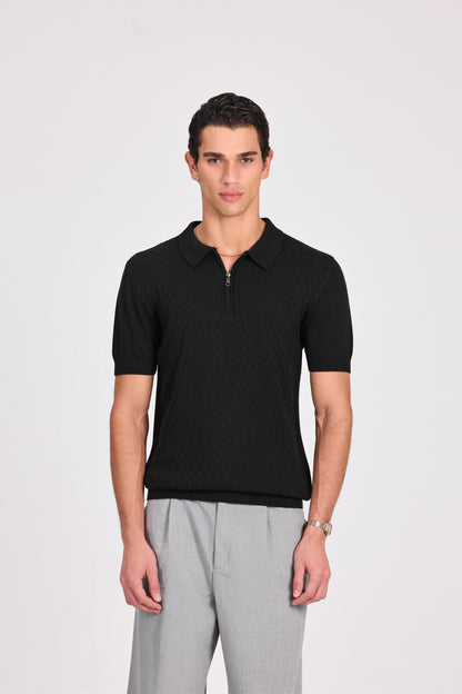 Basketweave Knitted Cotton Polo With Zipper