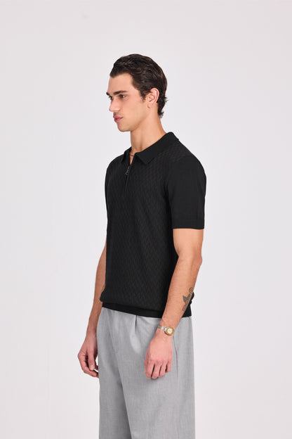 Basketweave Knitted Cotton Polo With Zipper
