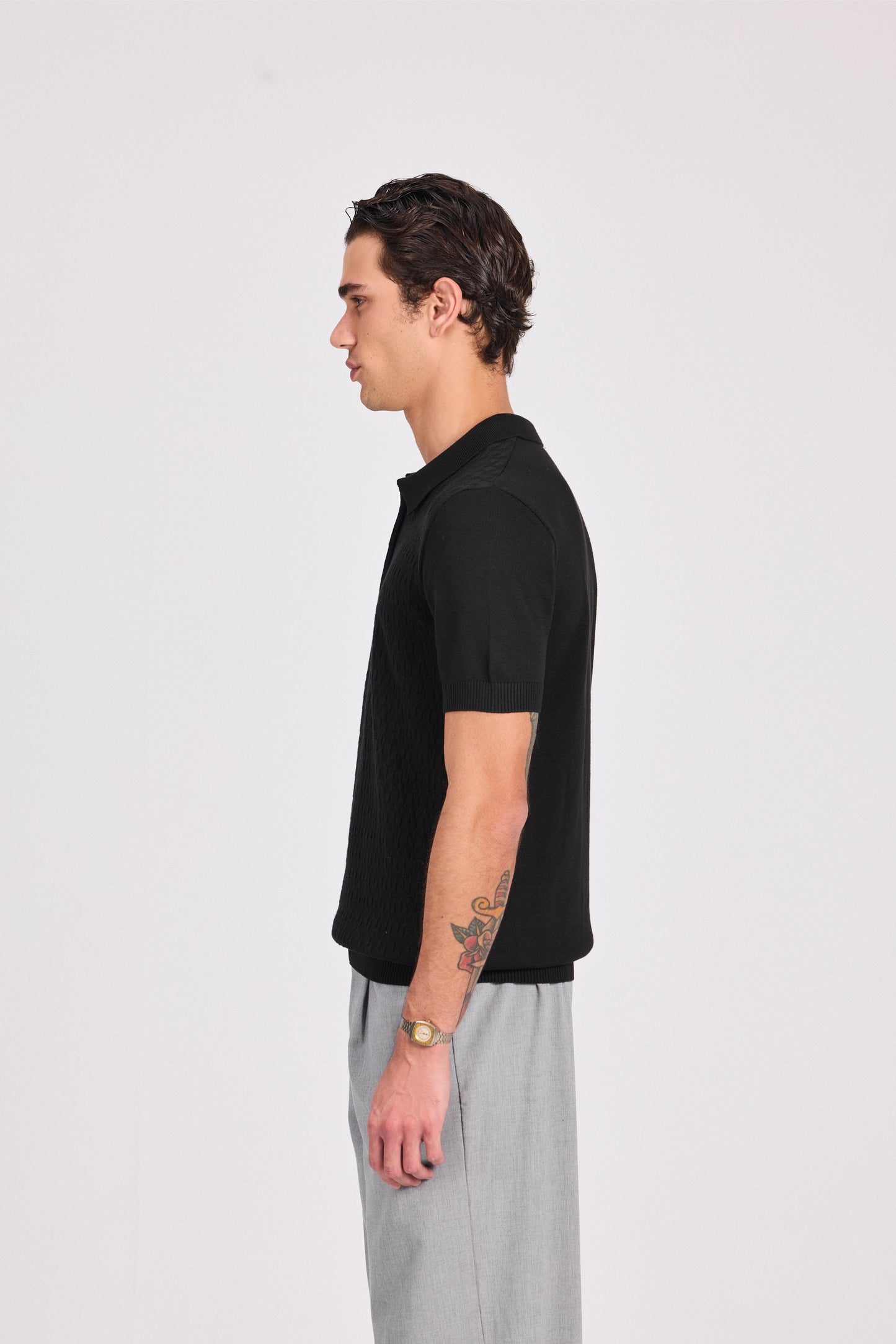 Basketweave Knitted Cotton Polo With Zipper