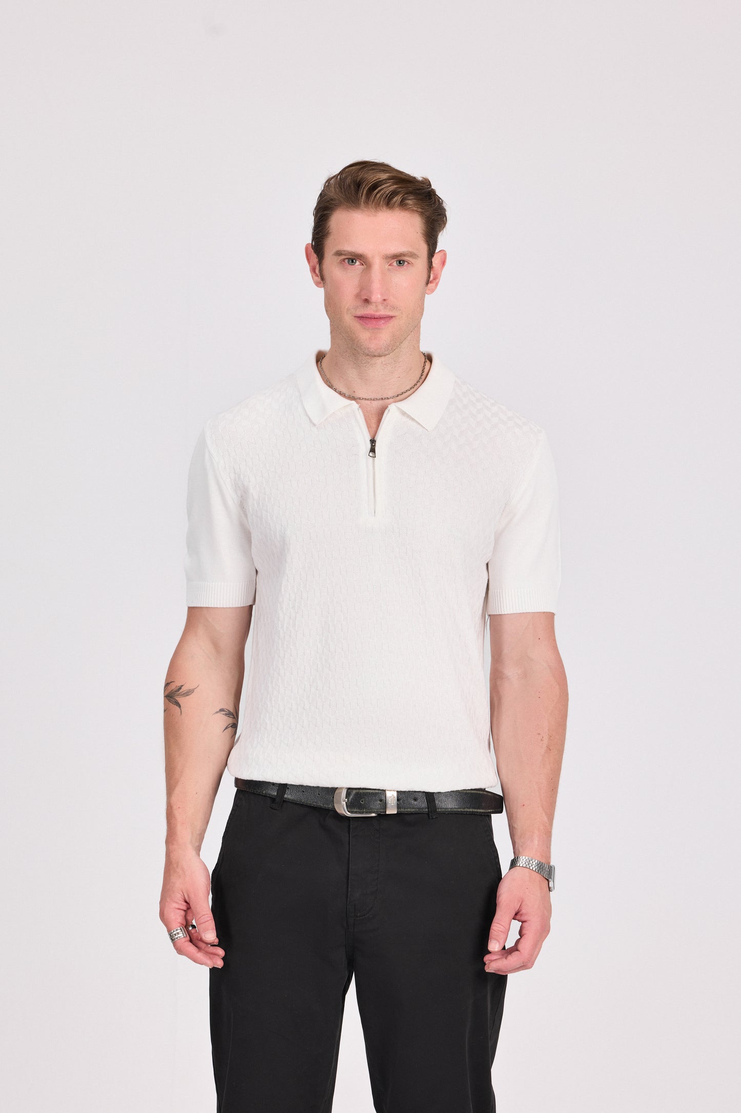 Basketweave Knitted Cotton Polo With Zipper