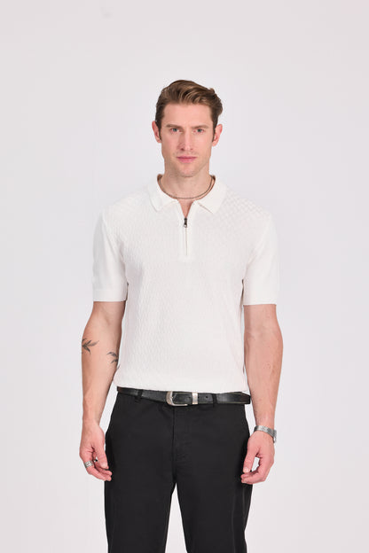 Basketweave Knitted Cotton Polo With Zipper