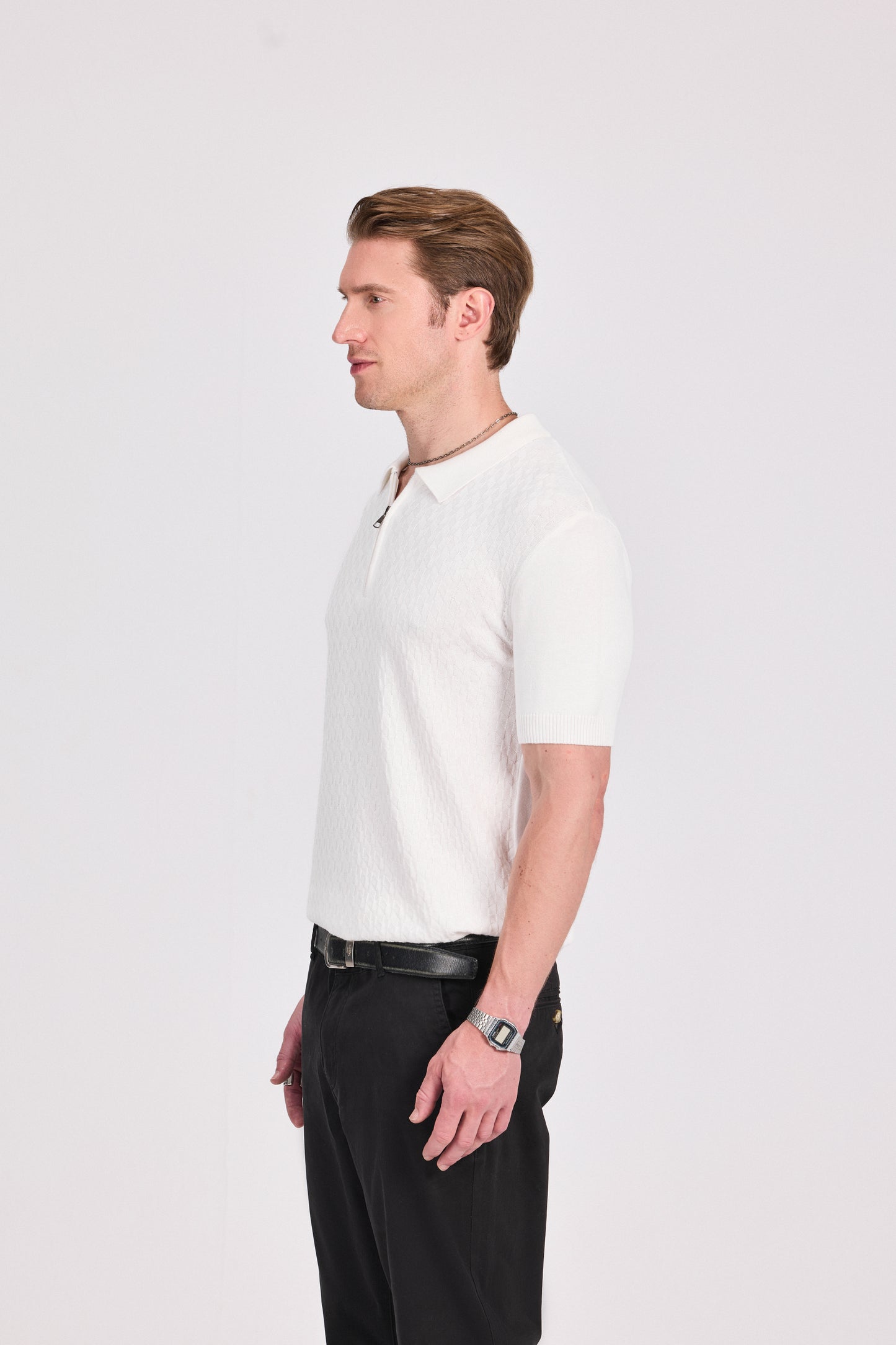 Basketweave Knitted Cotton Polo With Zipper
