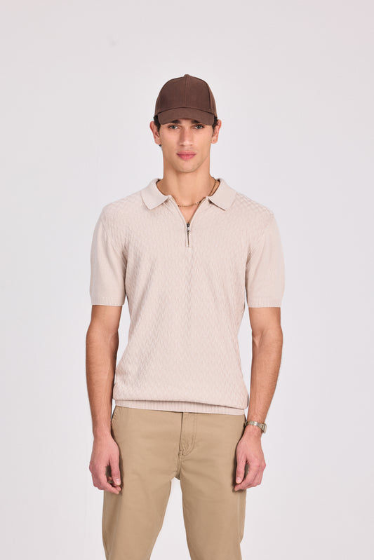 Basketweave Knitted Cotton Polo With Zipper