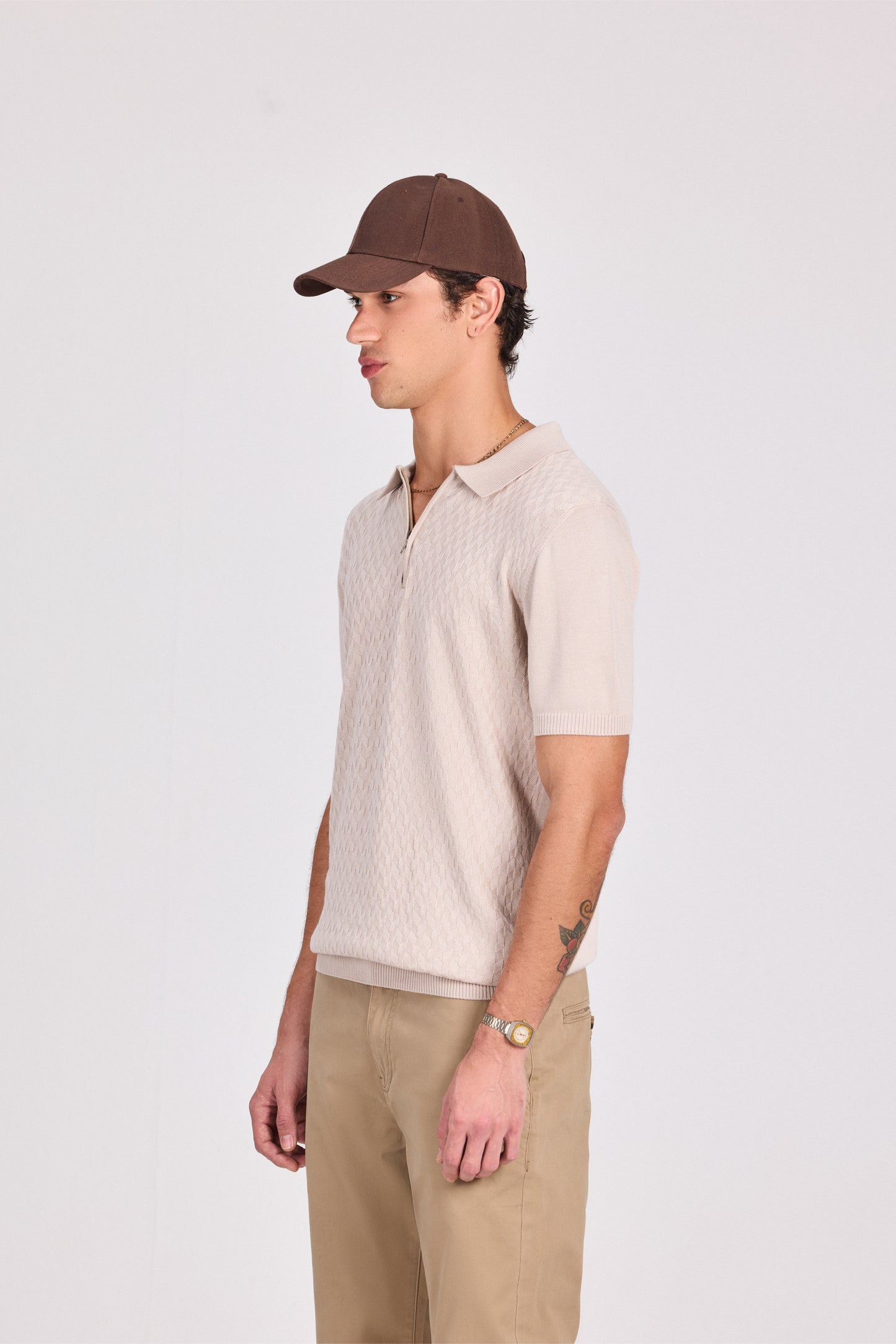 Basketweave Knitted Cotton Polo With Zipper