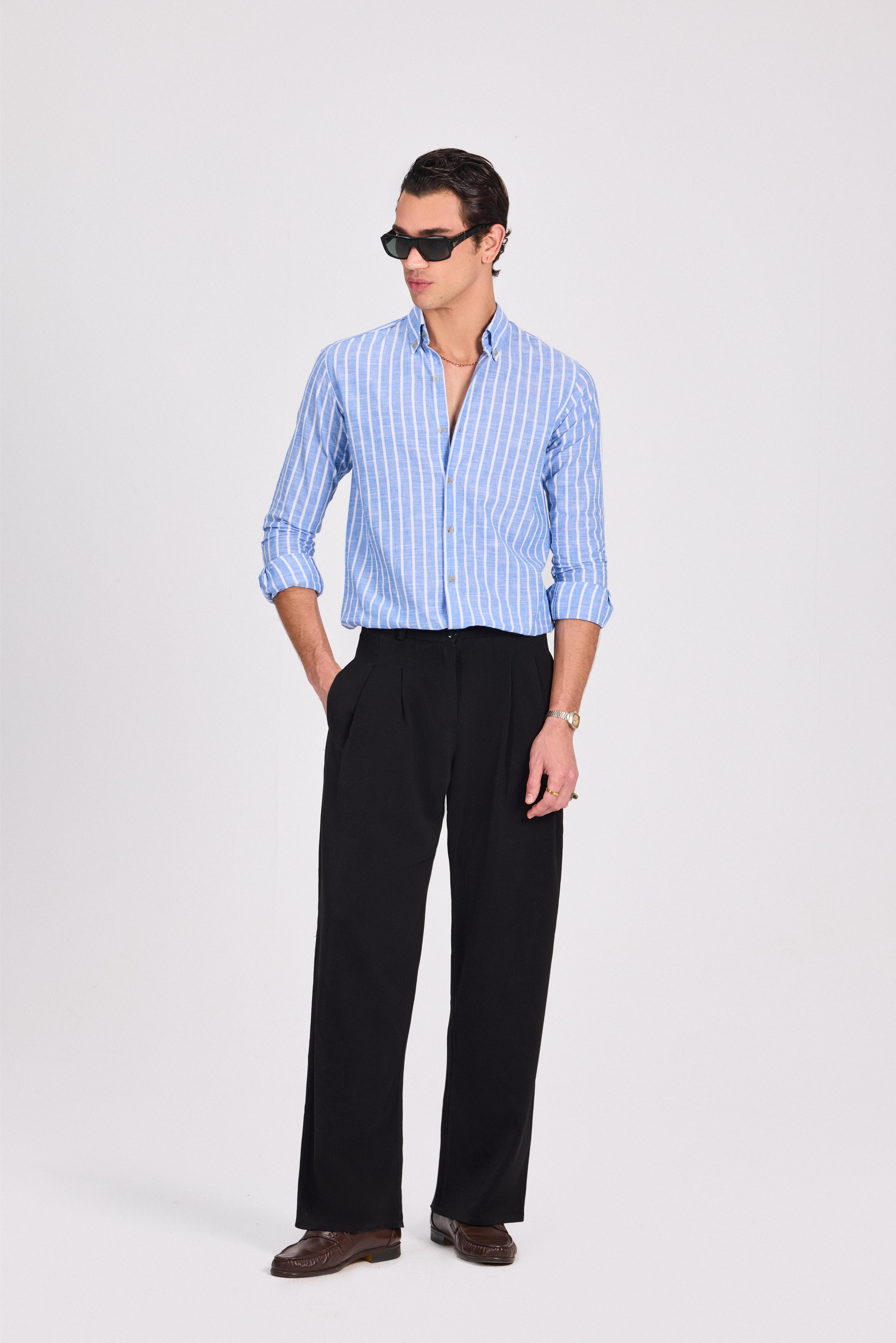 Blue Fine Striped Linen-Cotton Shirt
