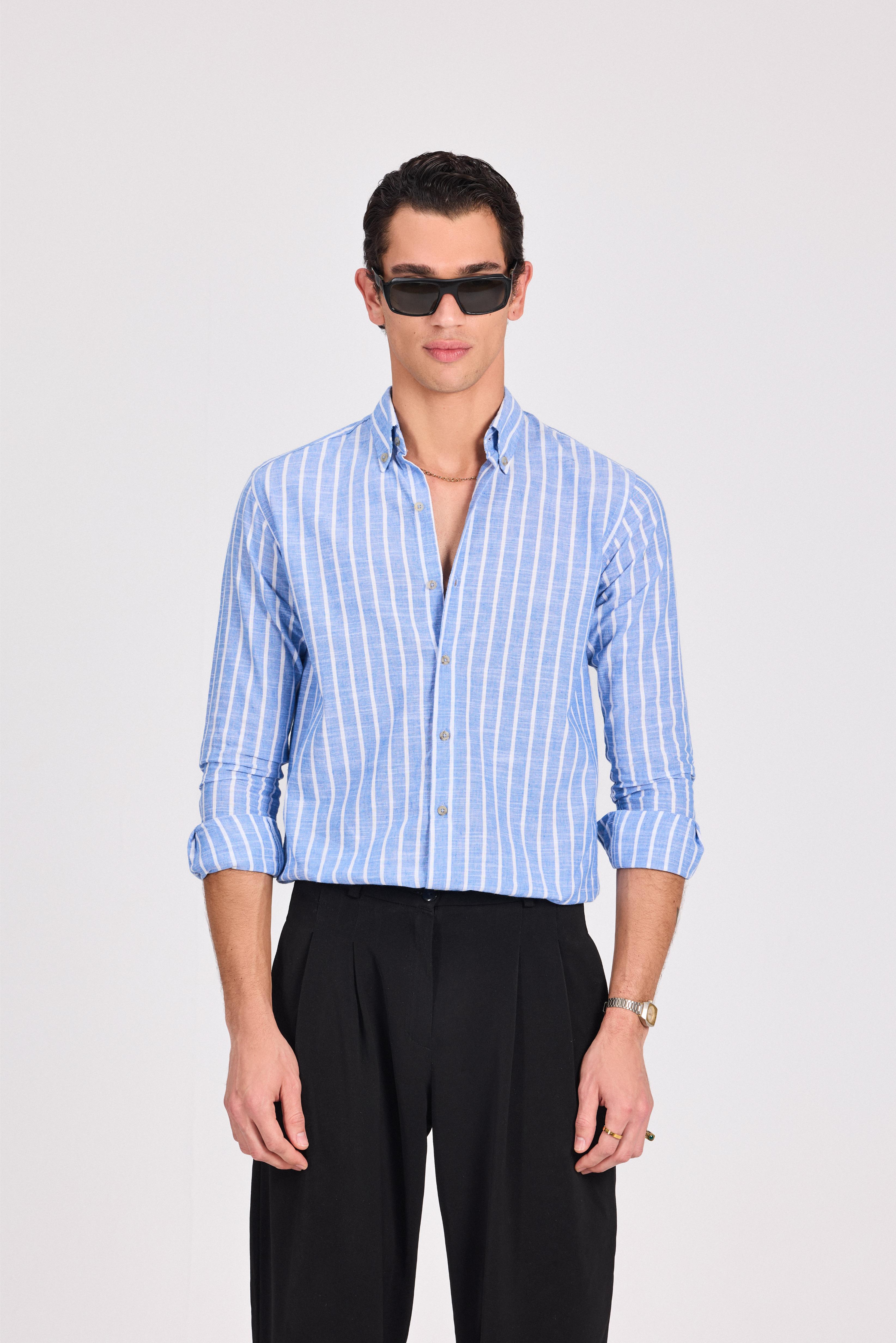 Blue Fine Striped Linen-Cotton Shirt