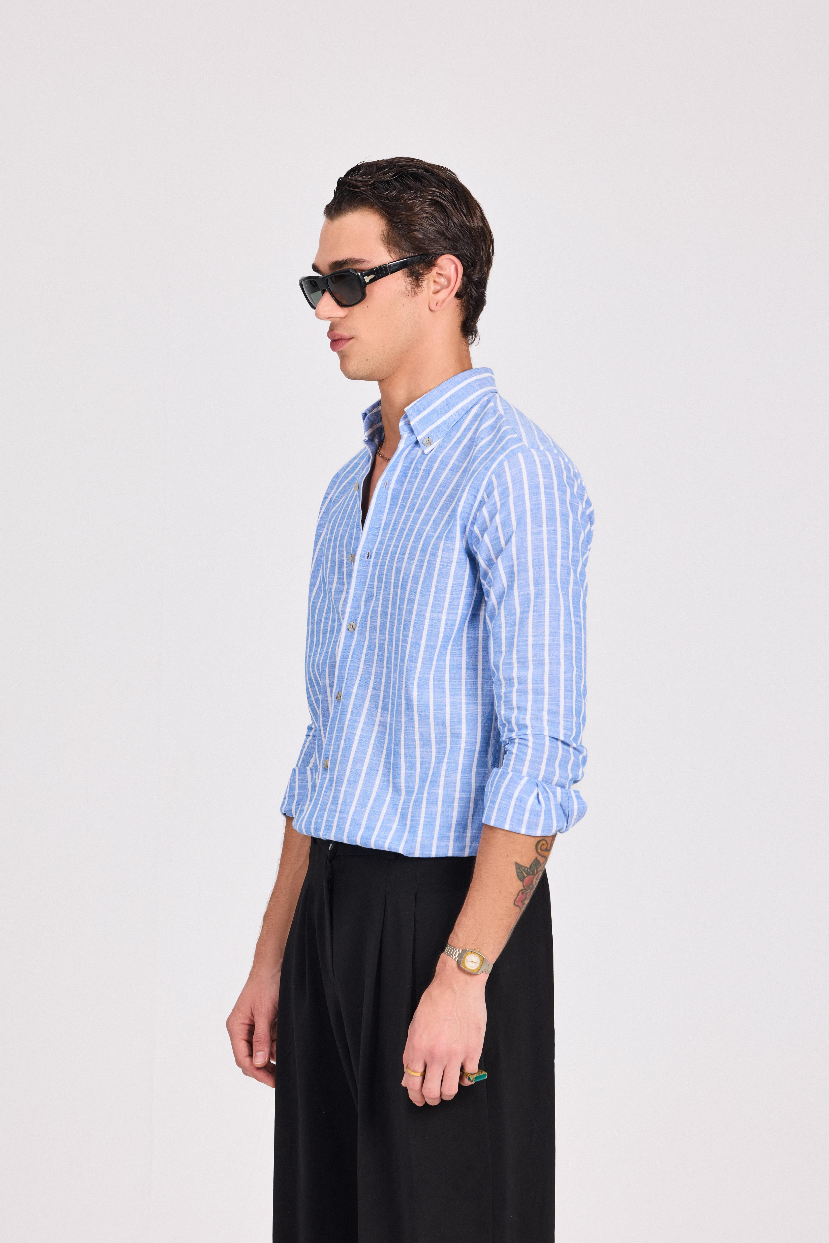 Blue Fine Striped Linen-Cotton Shirt