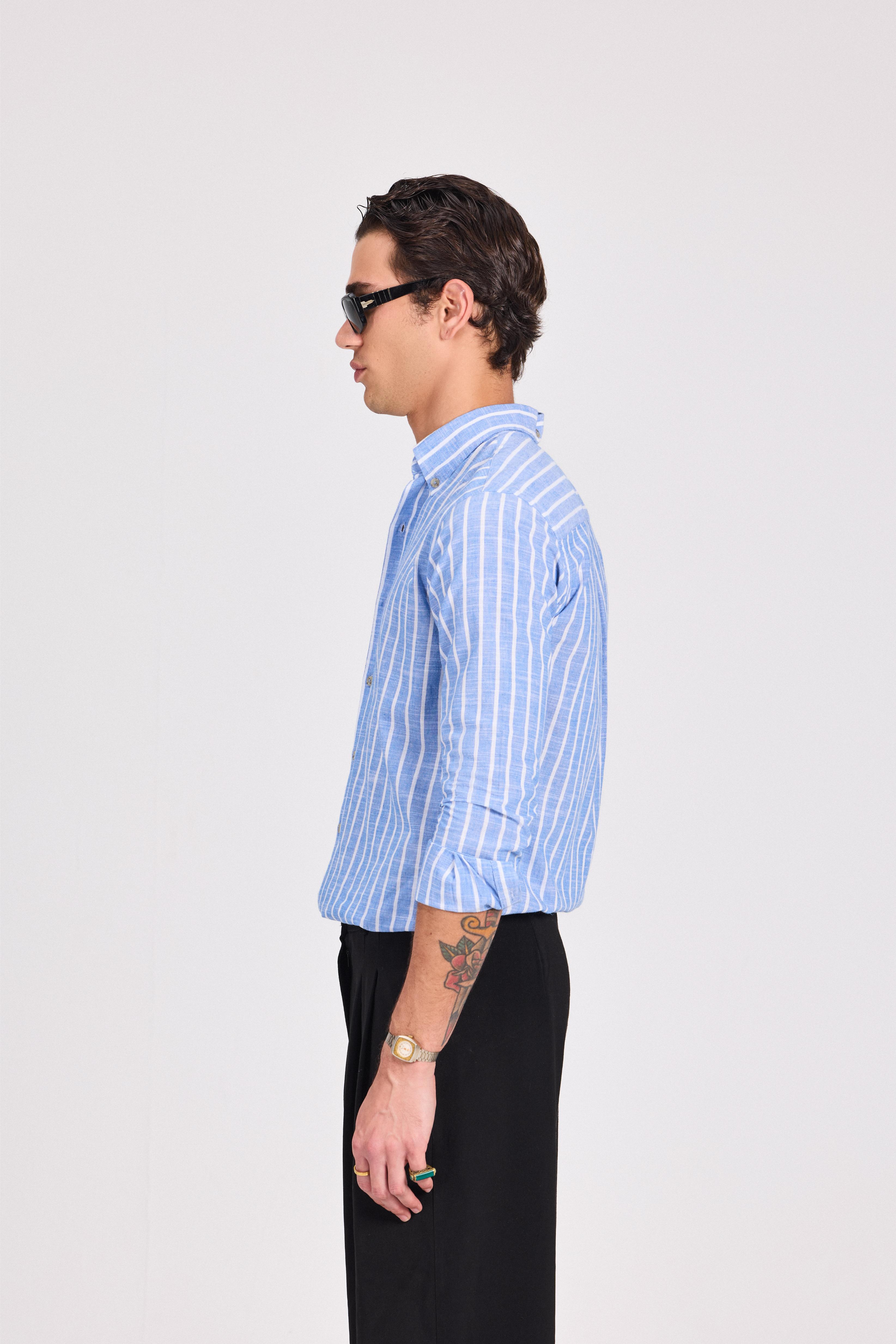 Blue Fine Striped Linen-Cotton Shirt