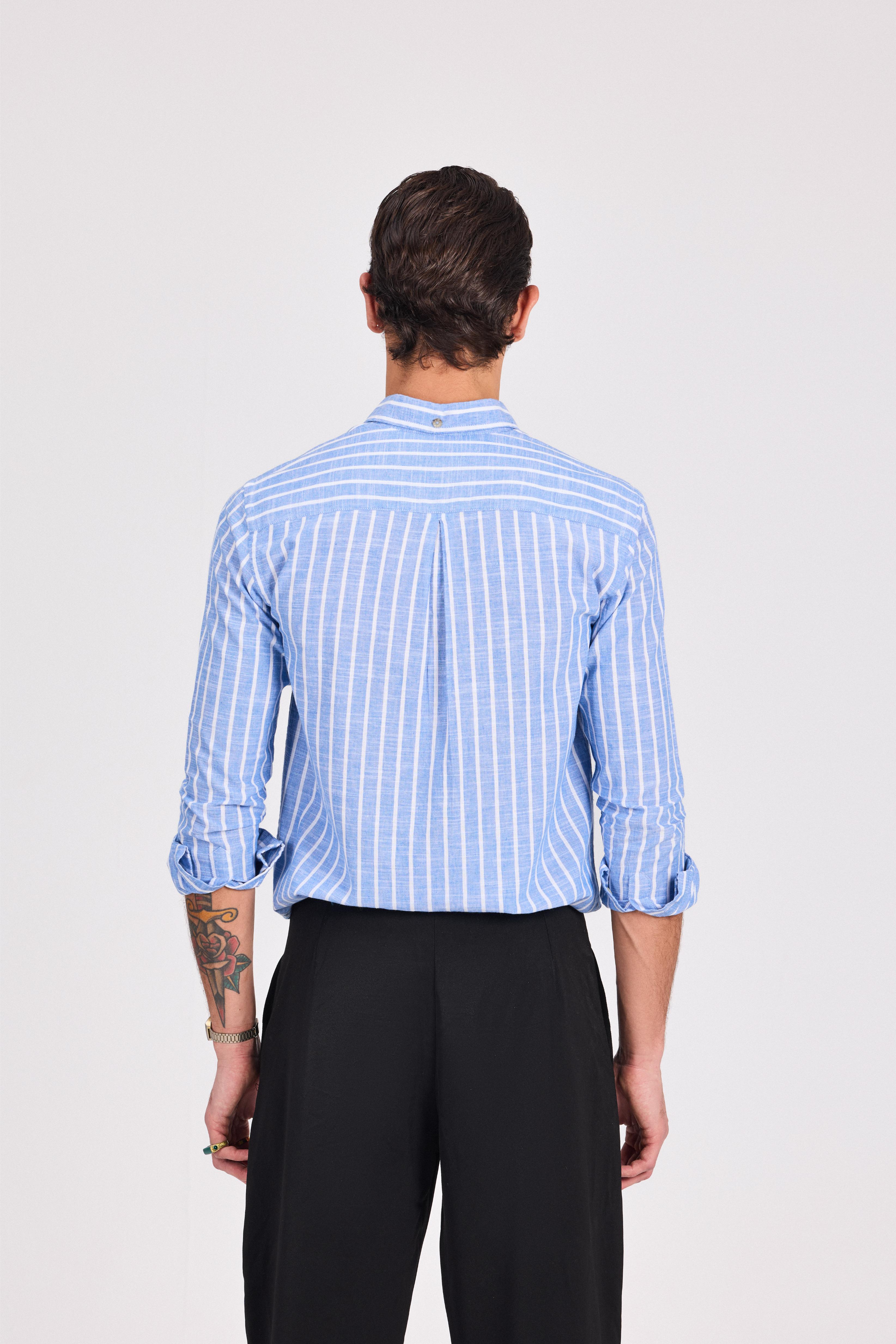 Blue Fine Striped Linen-Cotton Shirt