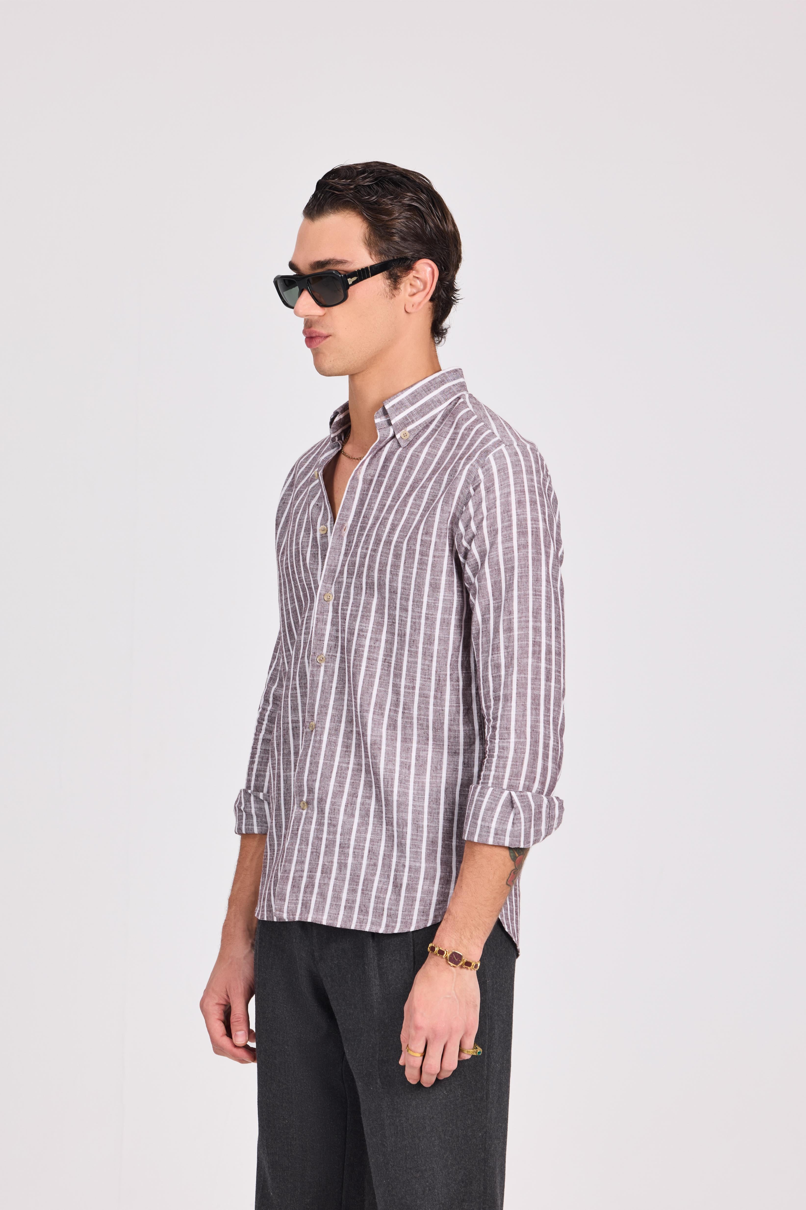 Brown Fine Striped Linen-Cotton Shirt