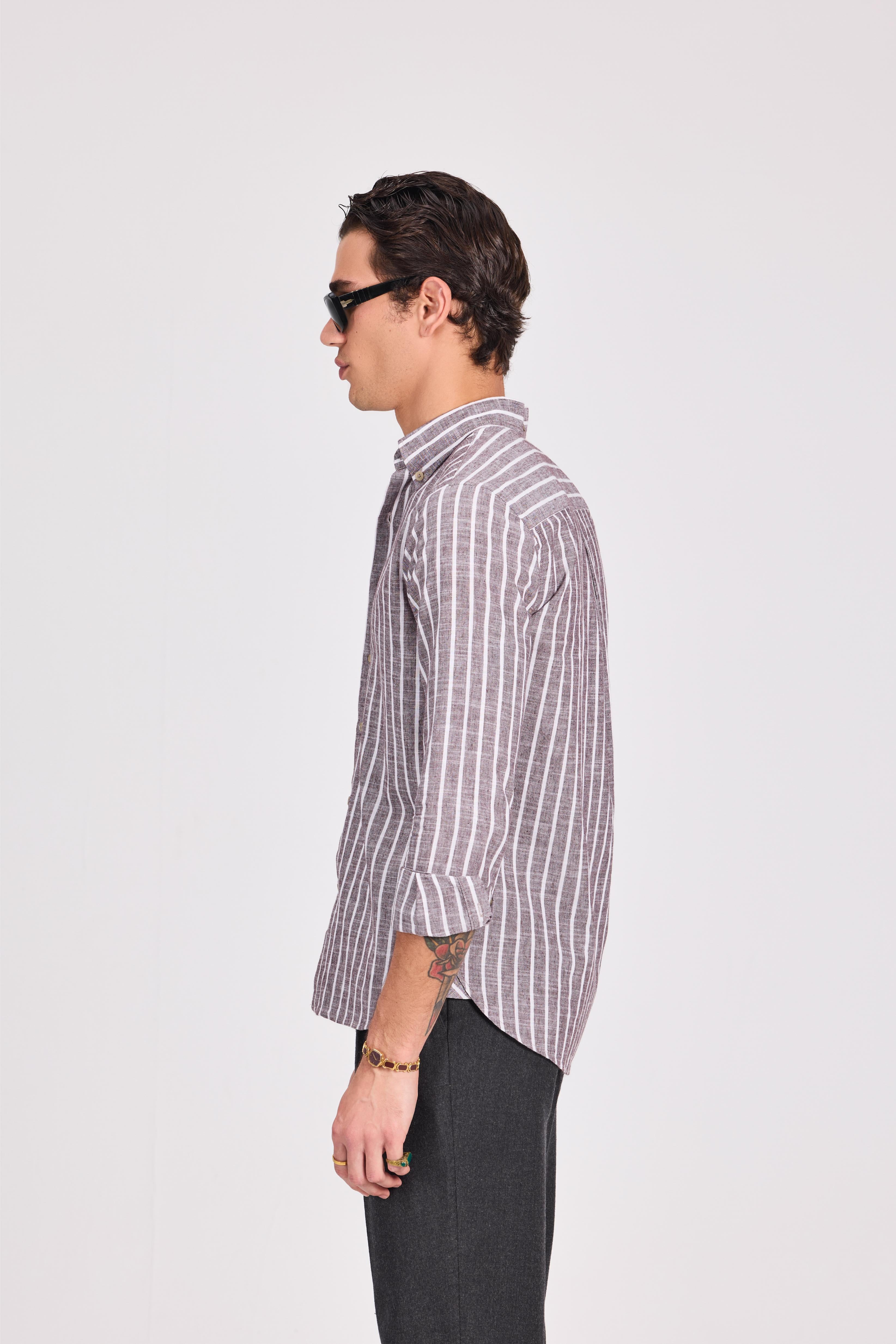 Brown Fine Striped Linen-Cotton Shirt
