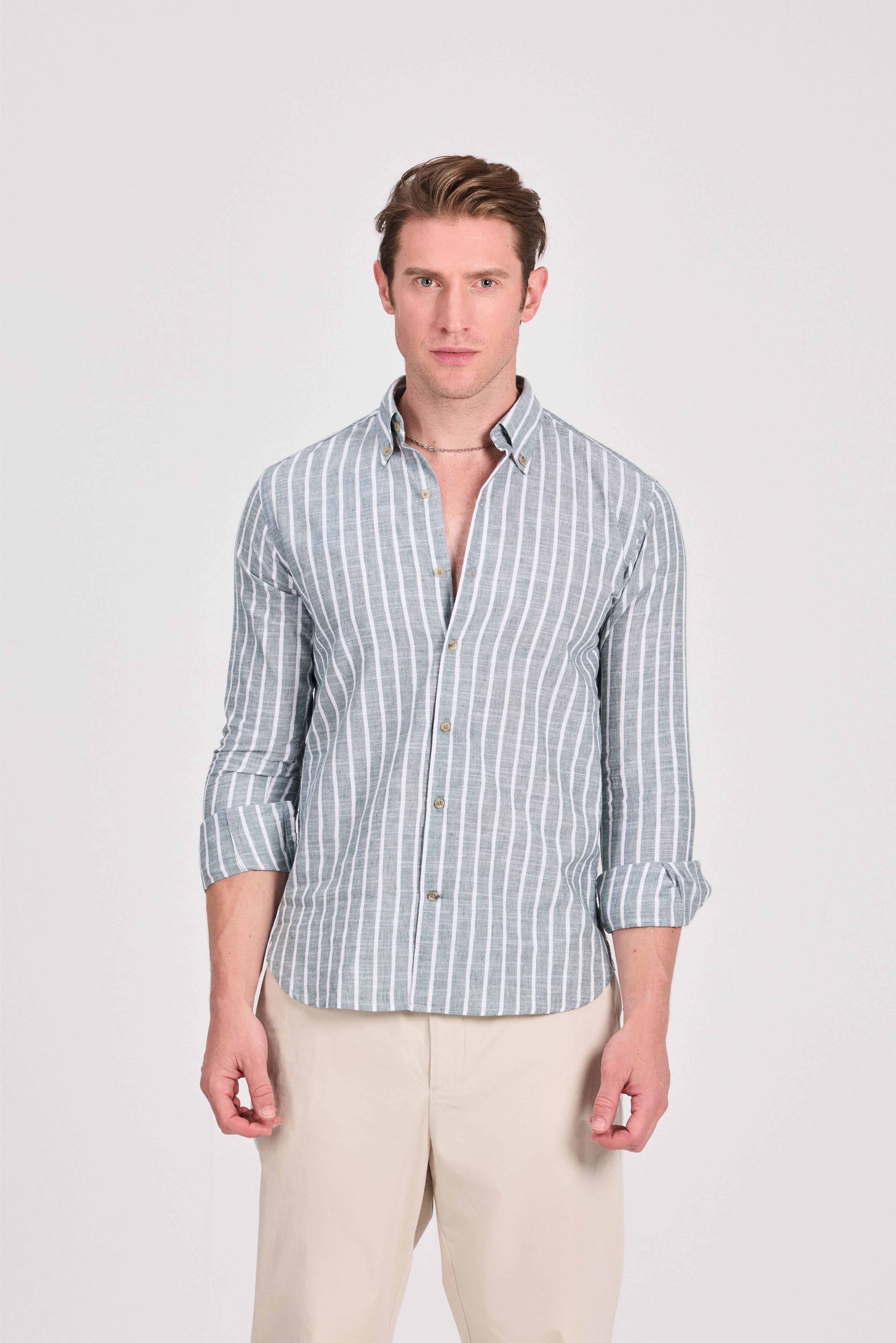 Olive Fine Striped Linen-Cotton Shirt