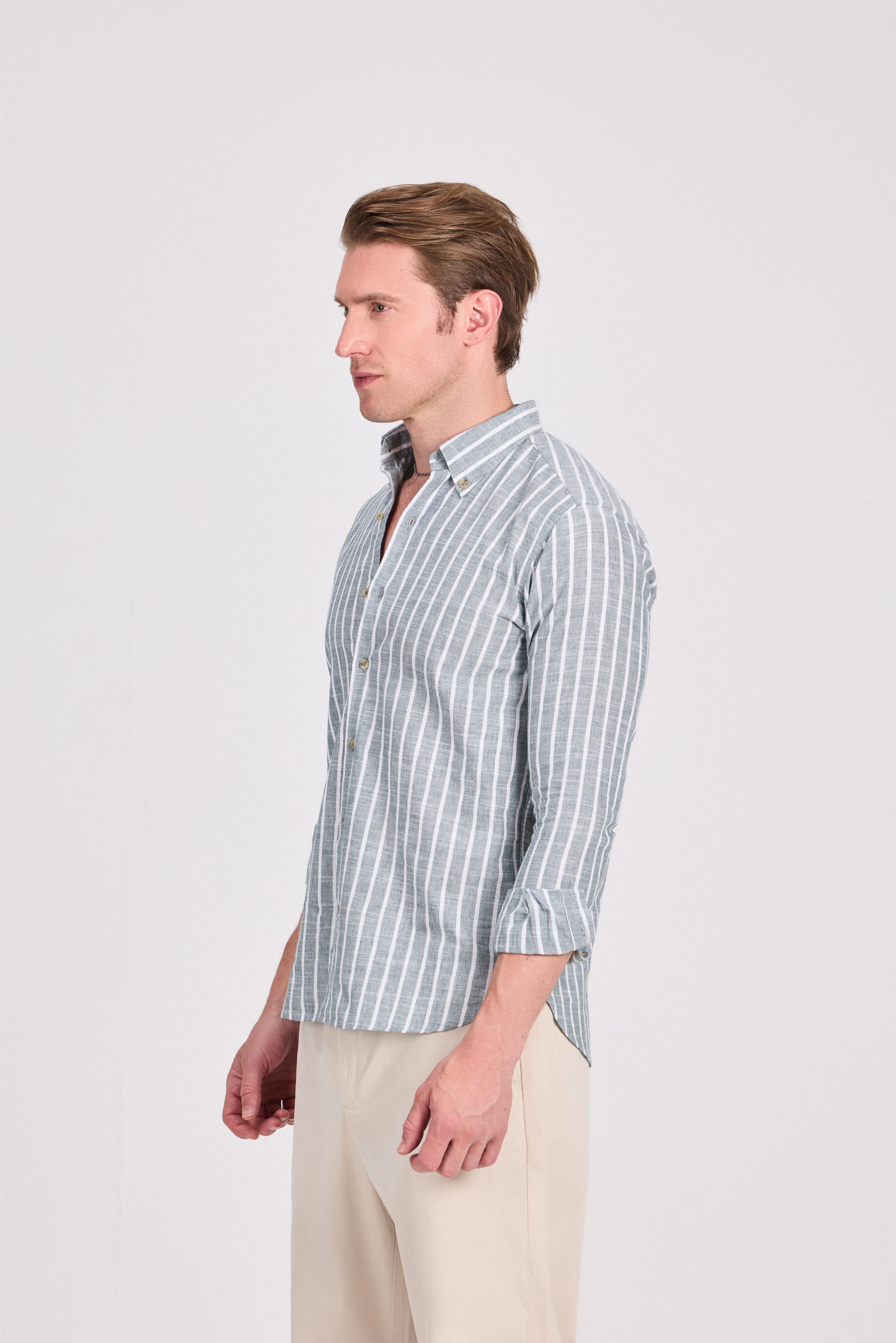 Olive Fine Striped Linen-Cotton Shirt