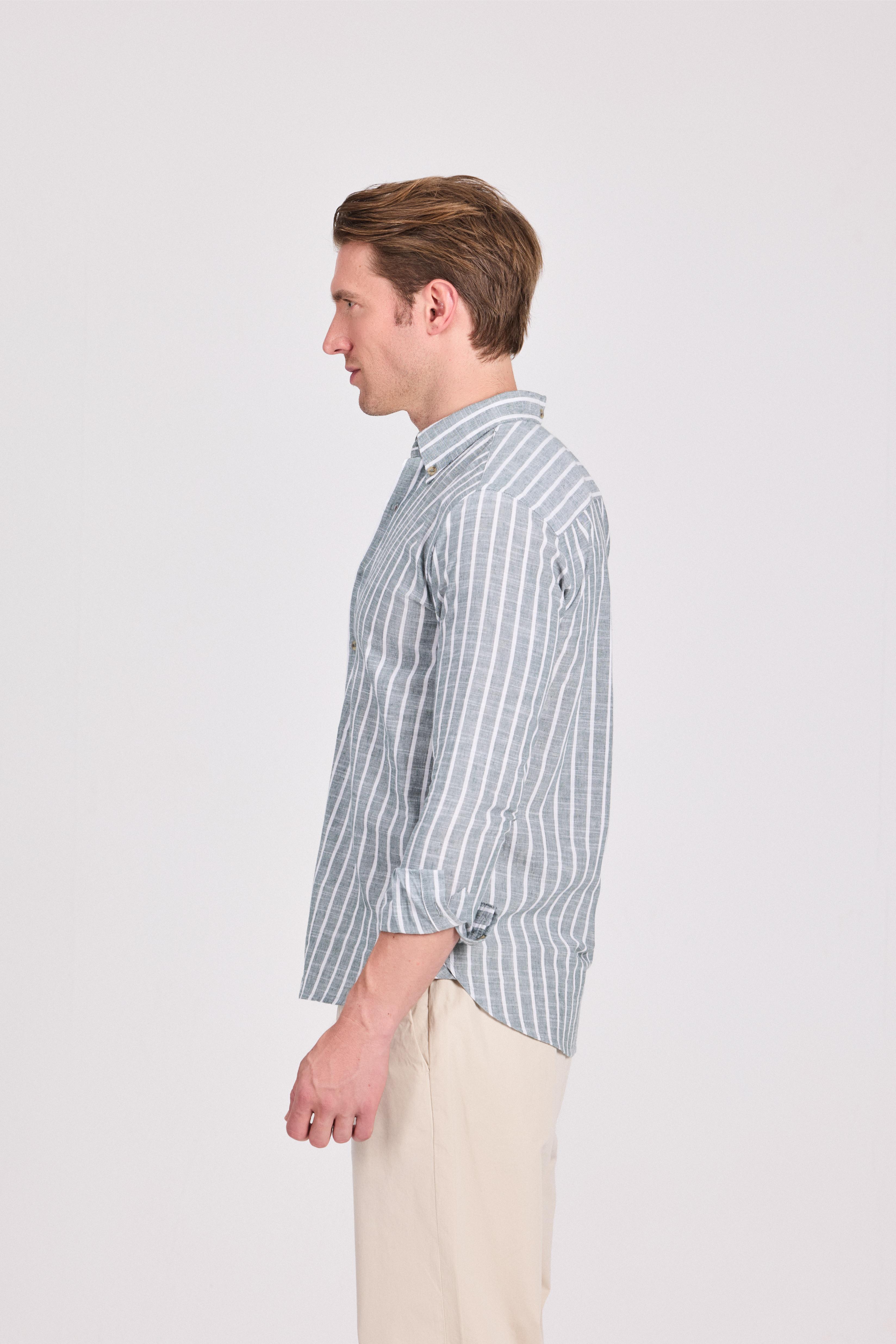 Olive Fine Striped Linen-Cotton Shirt