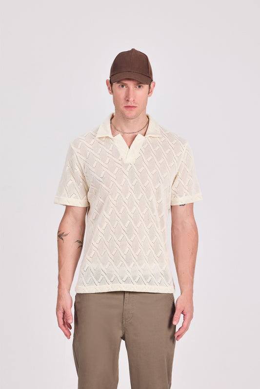 Off White Cotton Knitted Polo Shirt