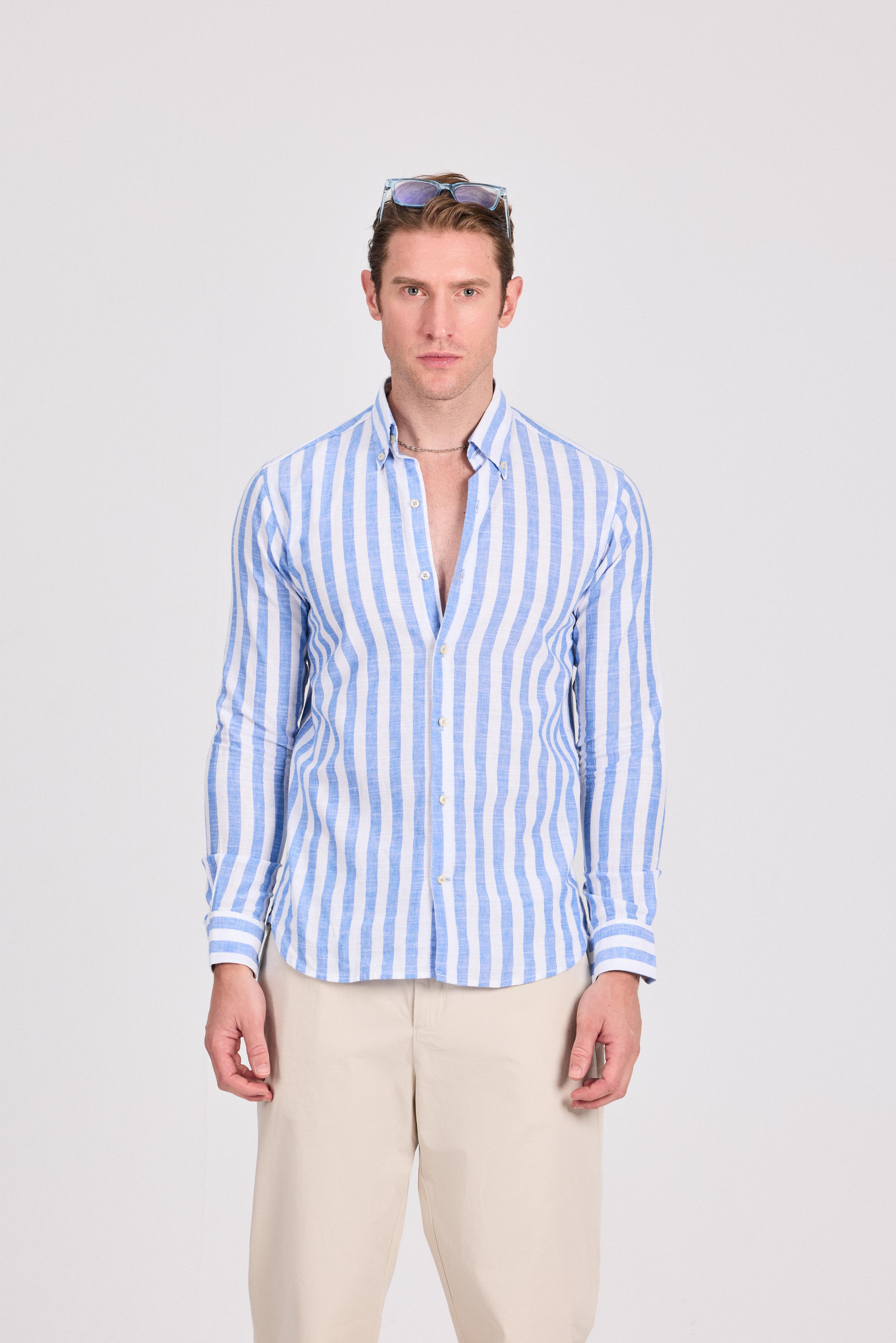 Blue Wide Striped Linen-Cotton Shirt