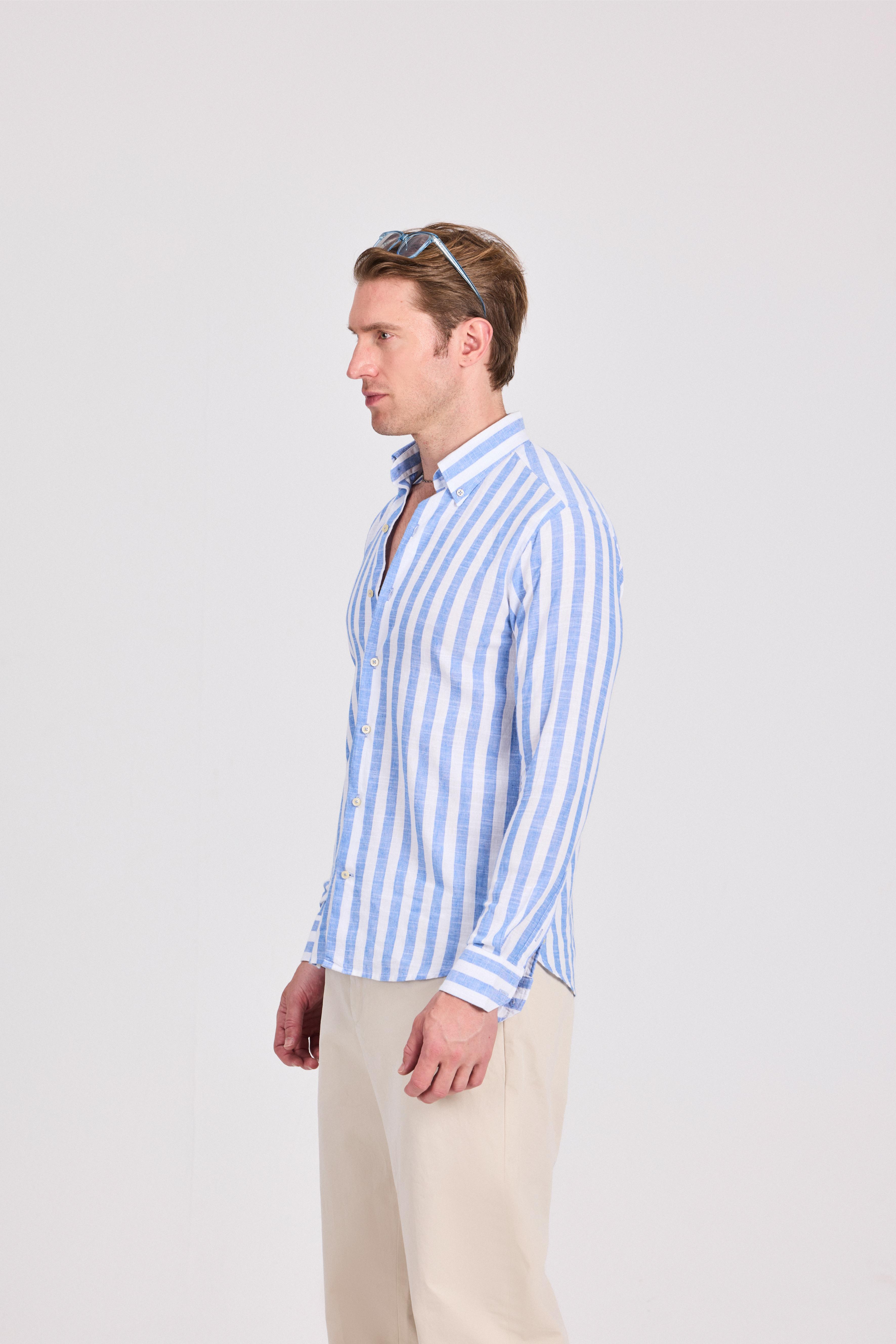 Blue Wide Striped Linen-Cotton Shirt