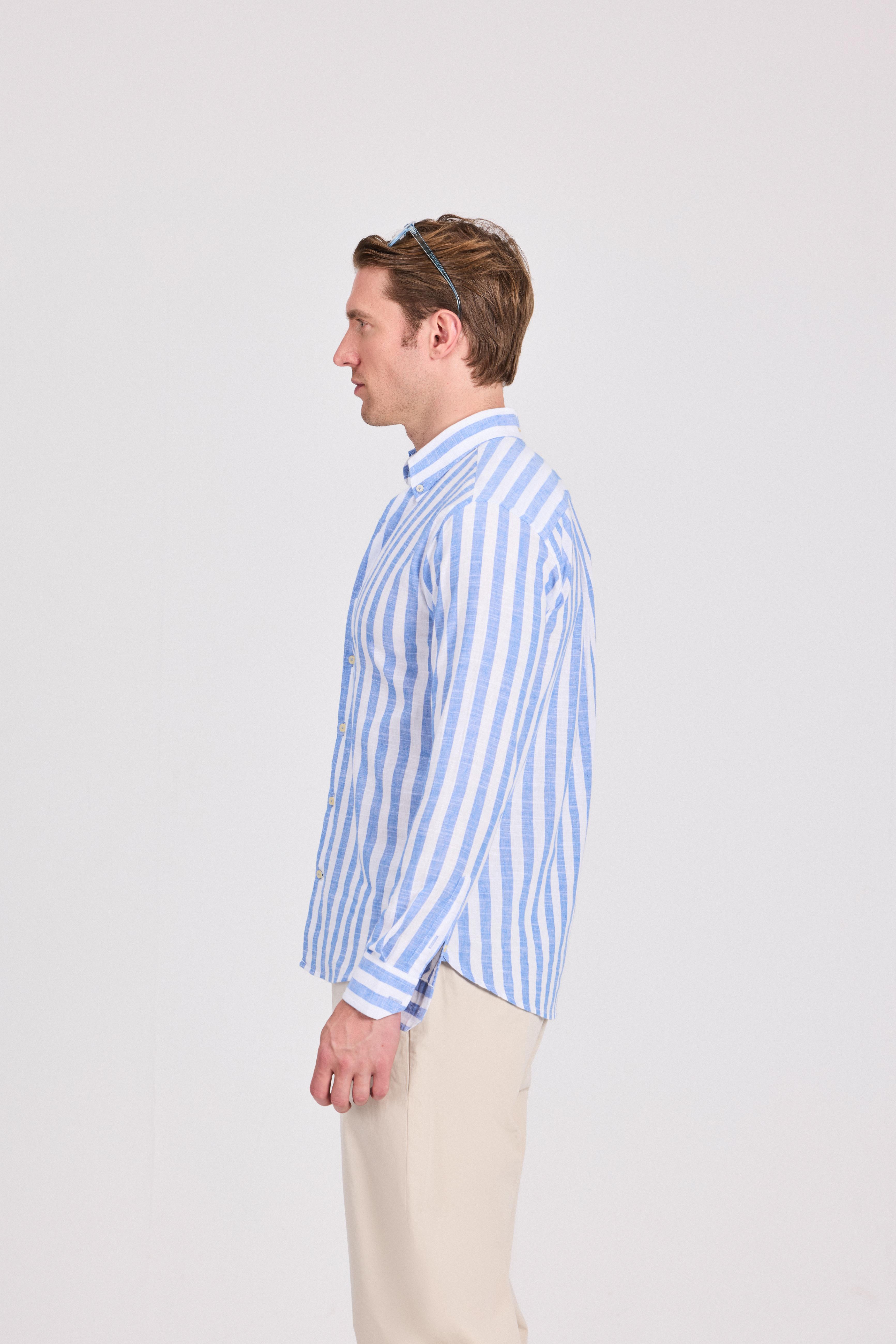 Blue Wide Striped Linen-Cotton Shirt