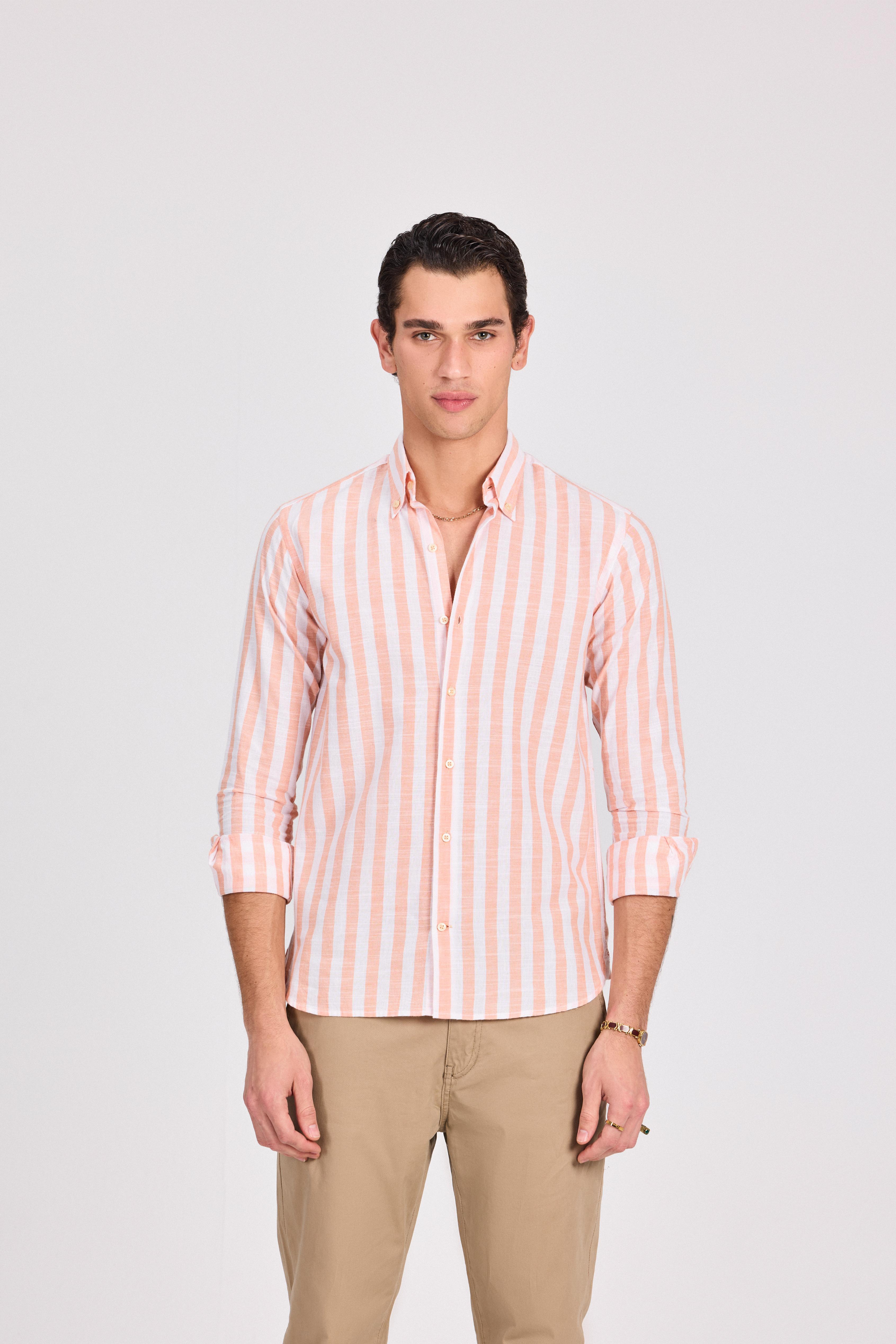 Orange Wide Striped Linen-Cotton Shirt