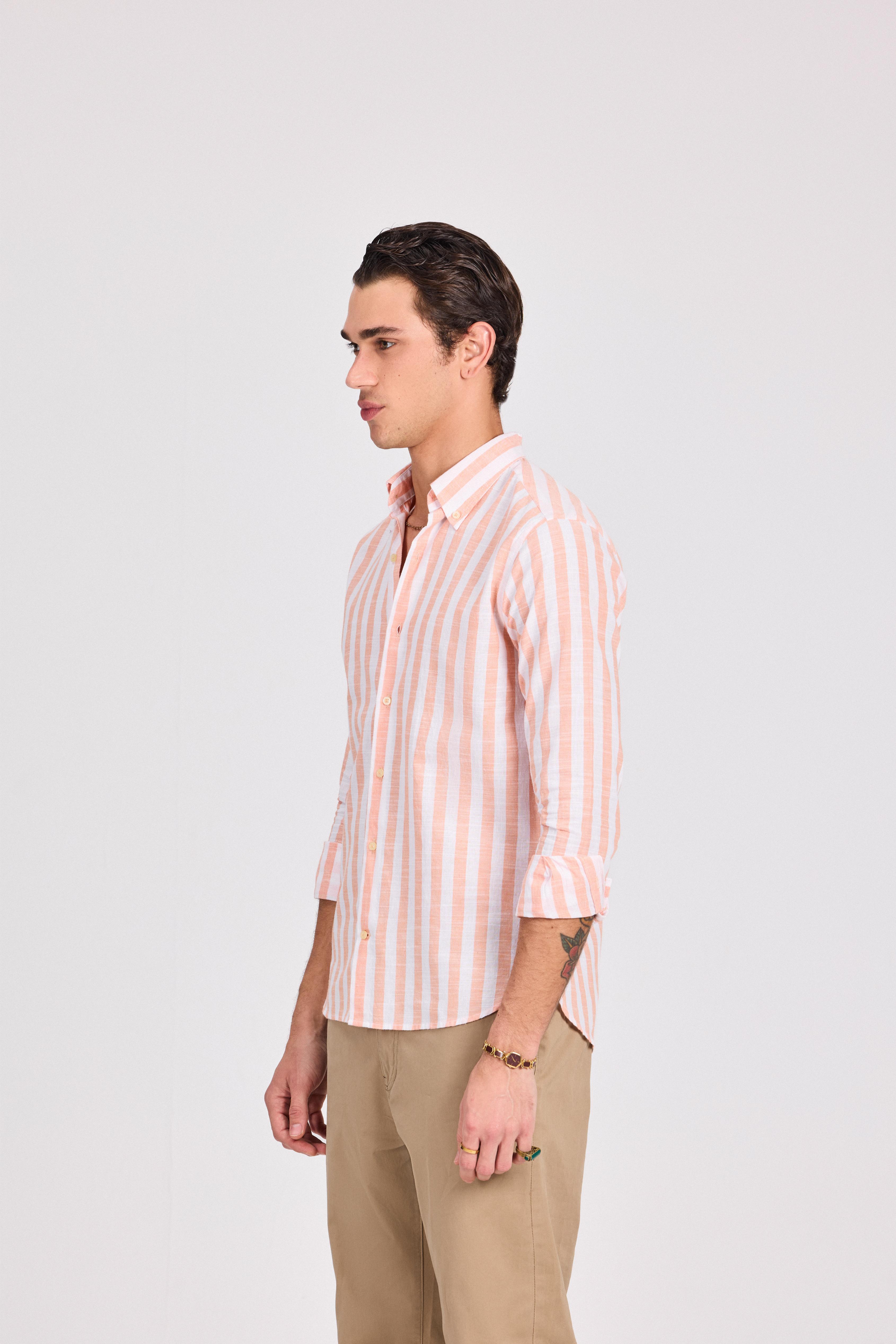 Orange Wide Striped Linen-Cotton Shirt