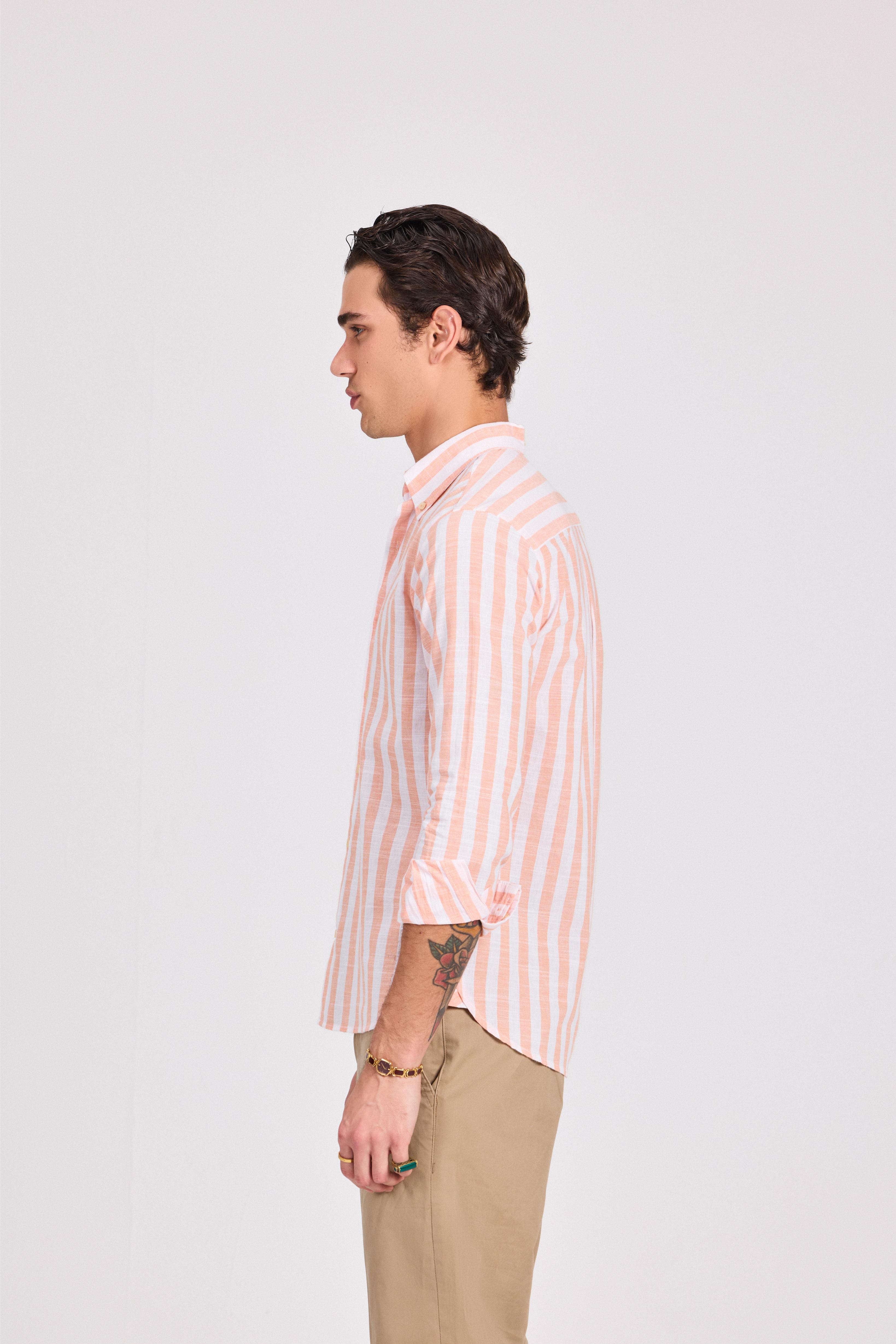 Orange Wide Striped Linen-Cotton Shirt
