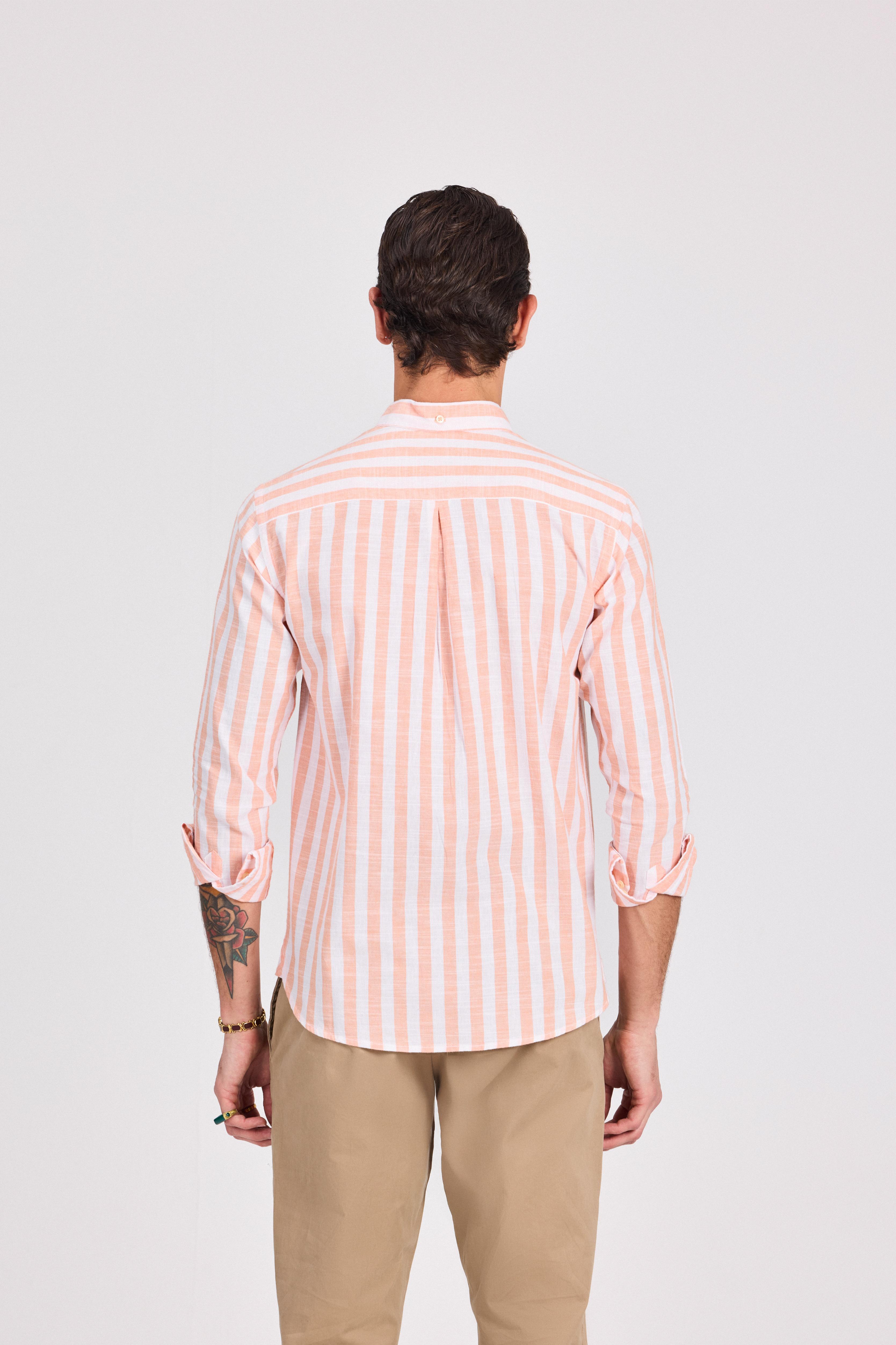 Orange Wide Striped Linen-Cotton Shirt