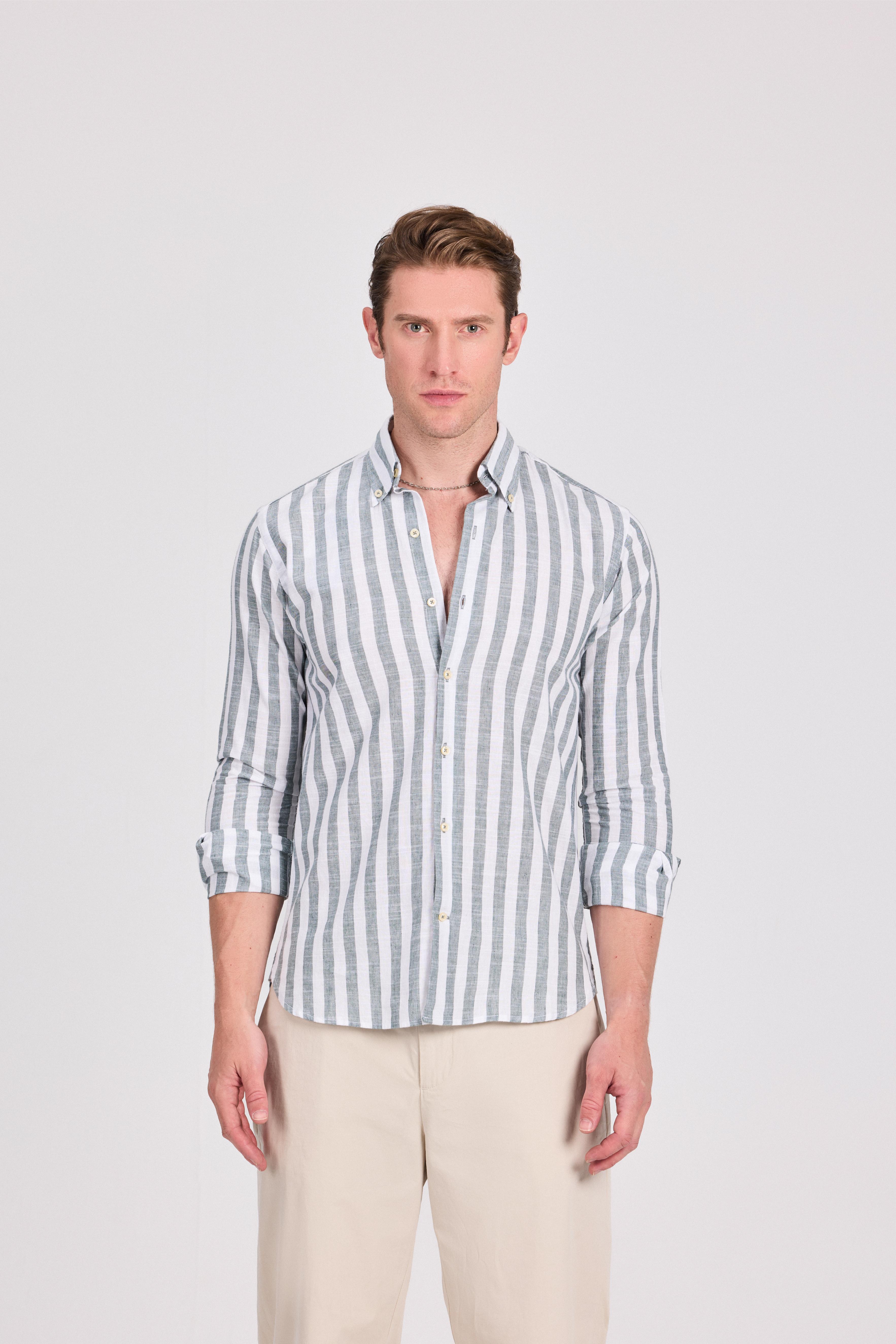 Olive Wide Striped Linen-Cotton Shirt