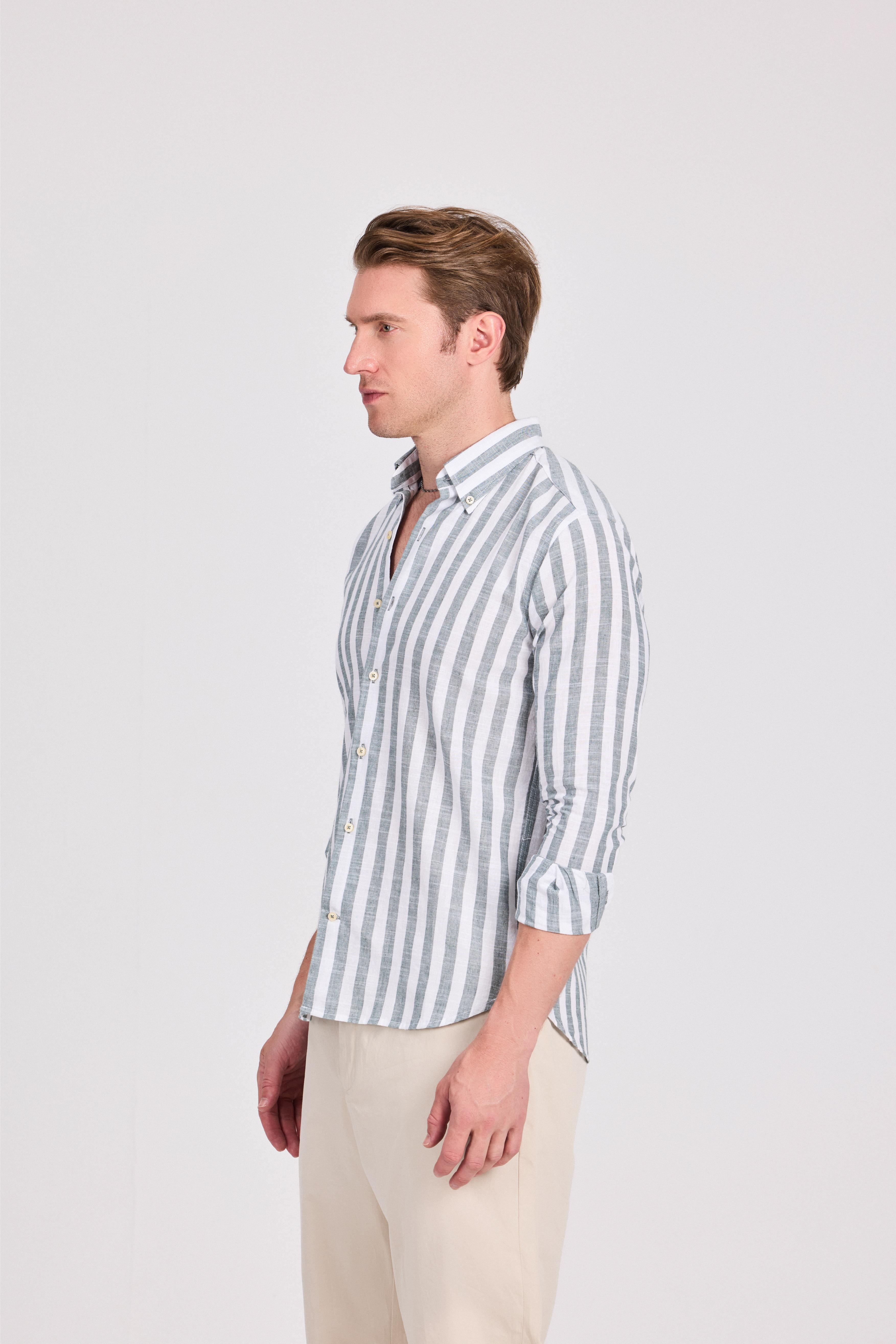 Olive Wide Striped Linen-Cotton Shirt