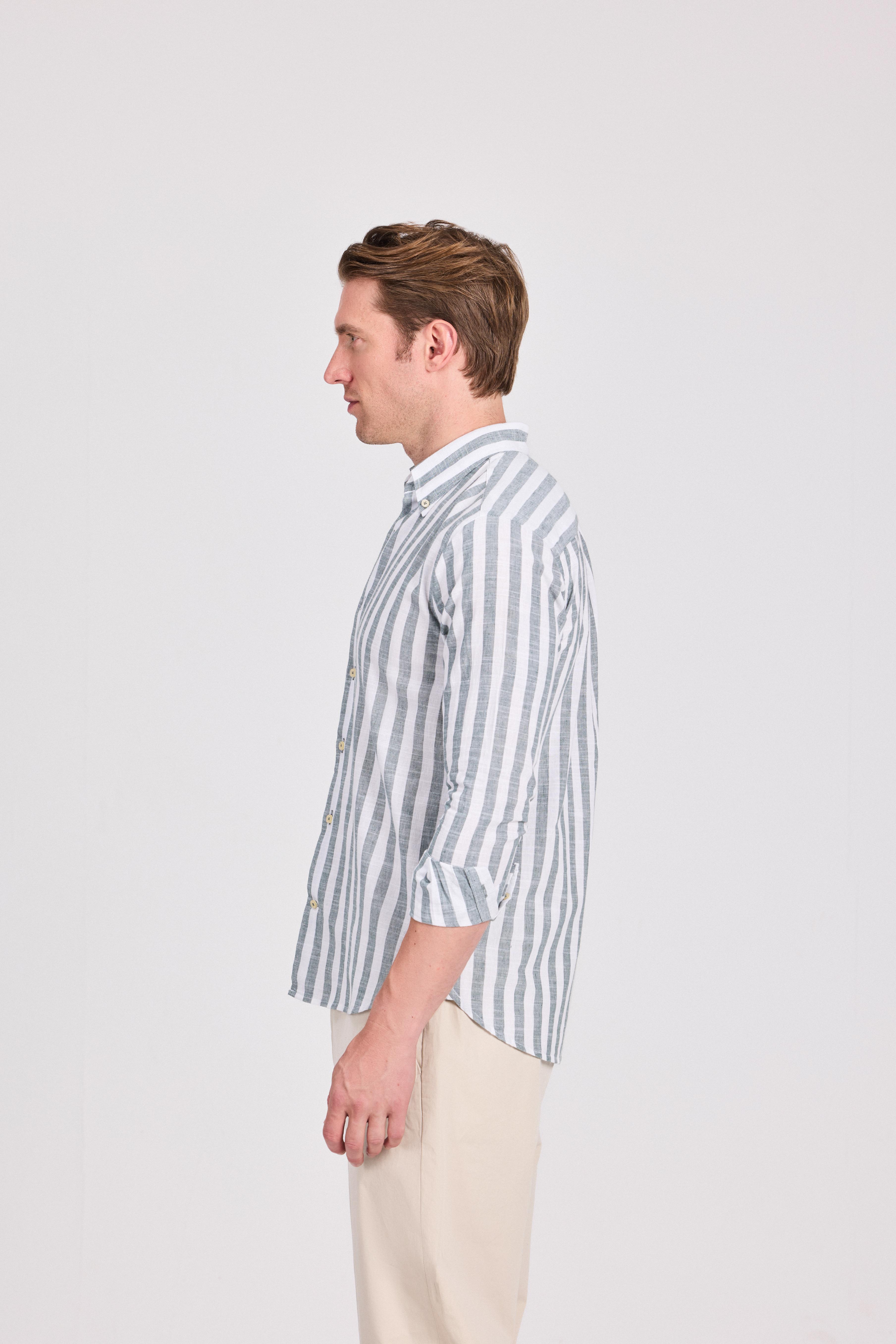 Olive Wide Striped Linen-Cotton Shirt