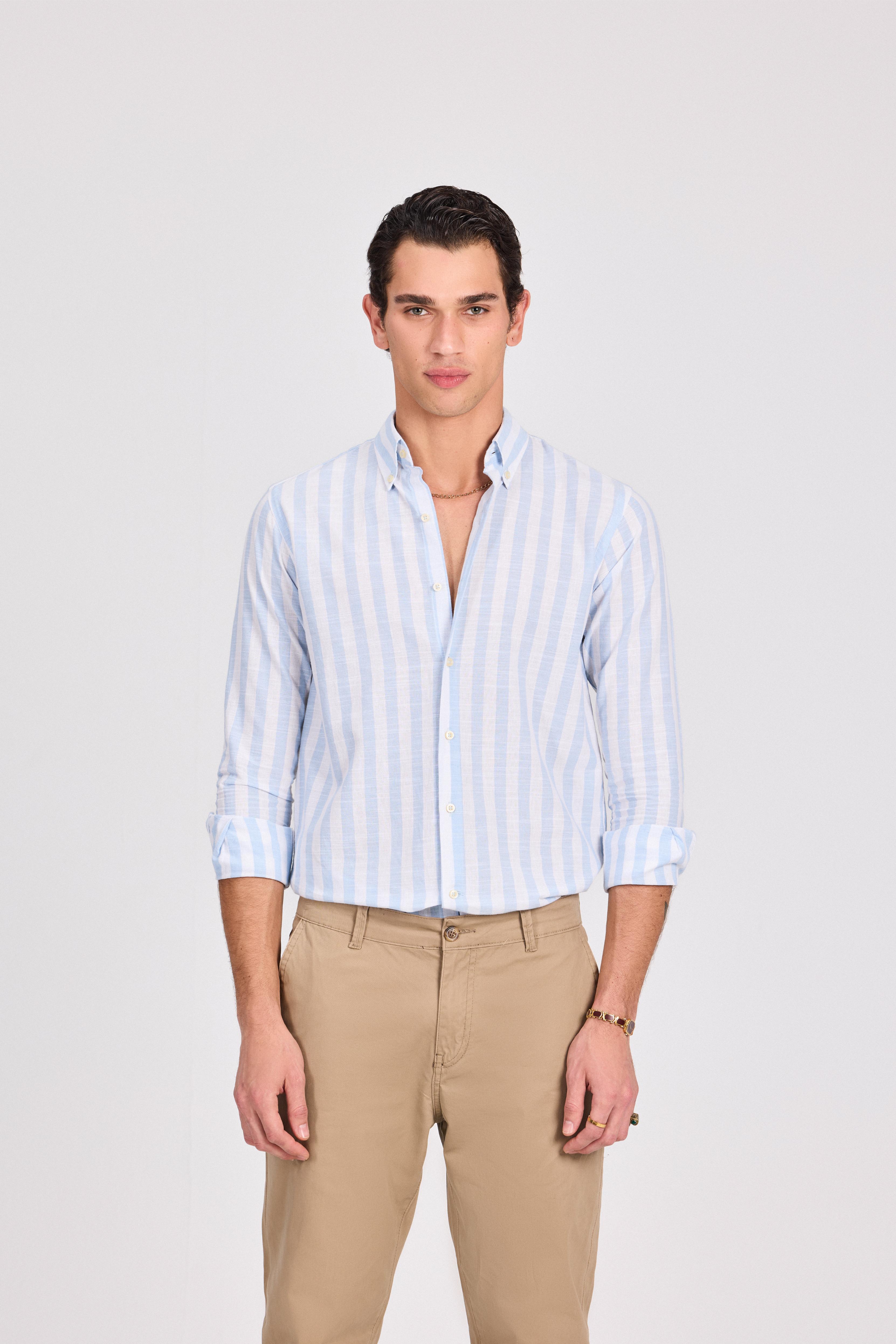 Light Blue Wide Striped Linen-Cotton Shirt