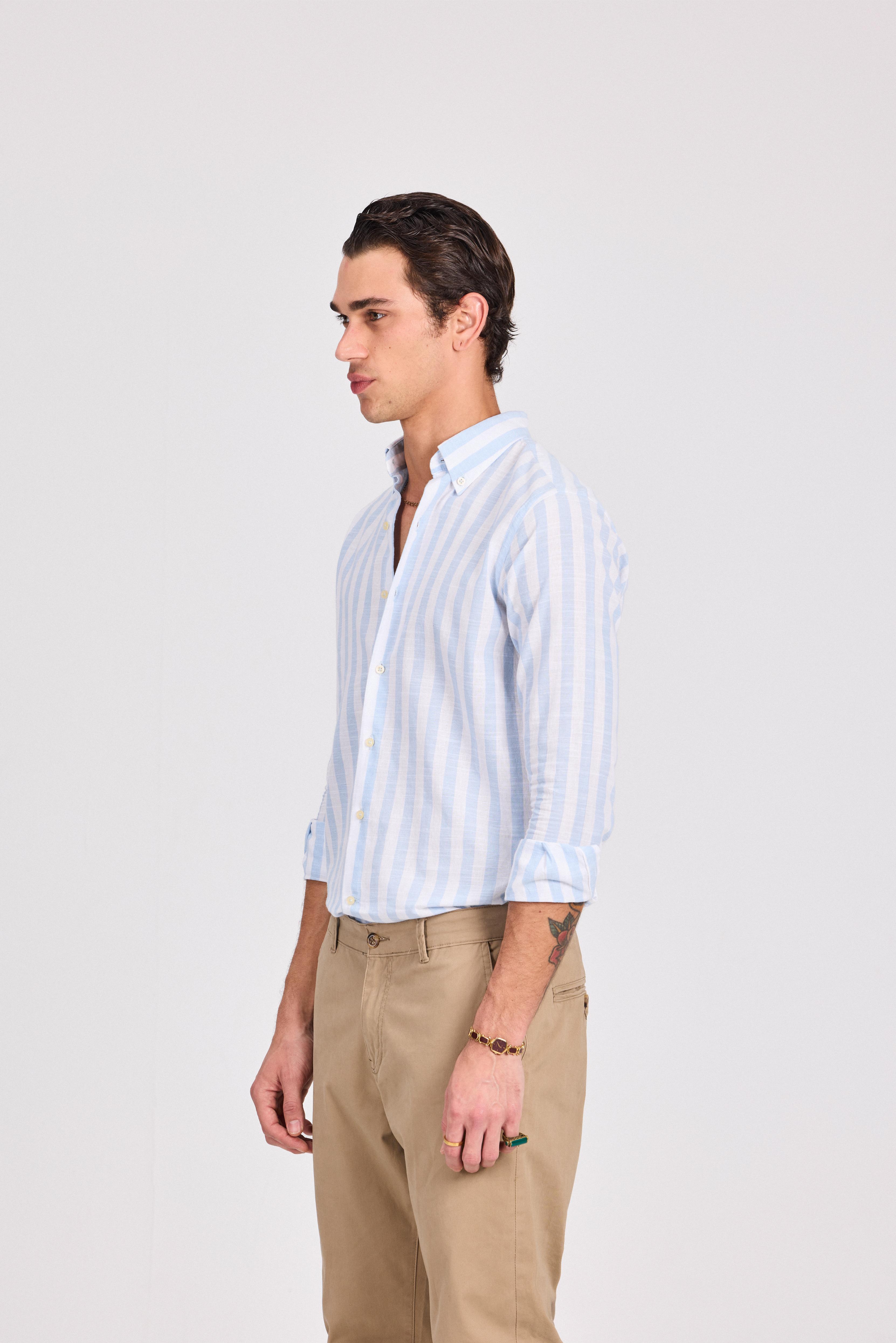 Light Blue Wide Striped Linen-Cotton Shirt