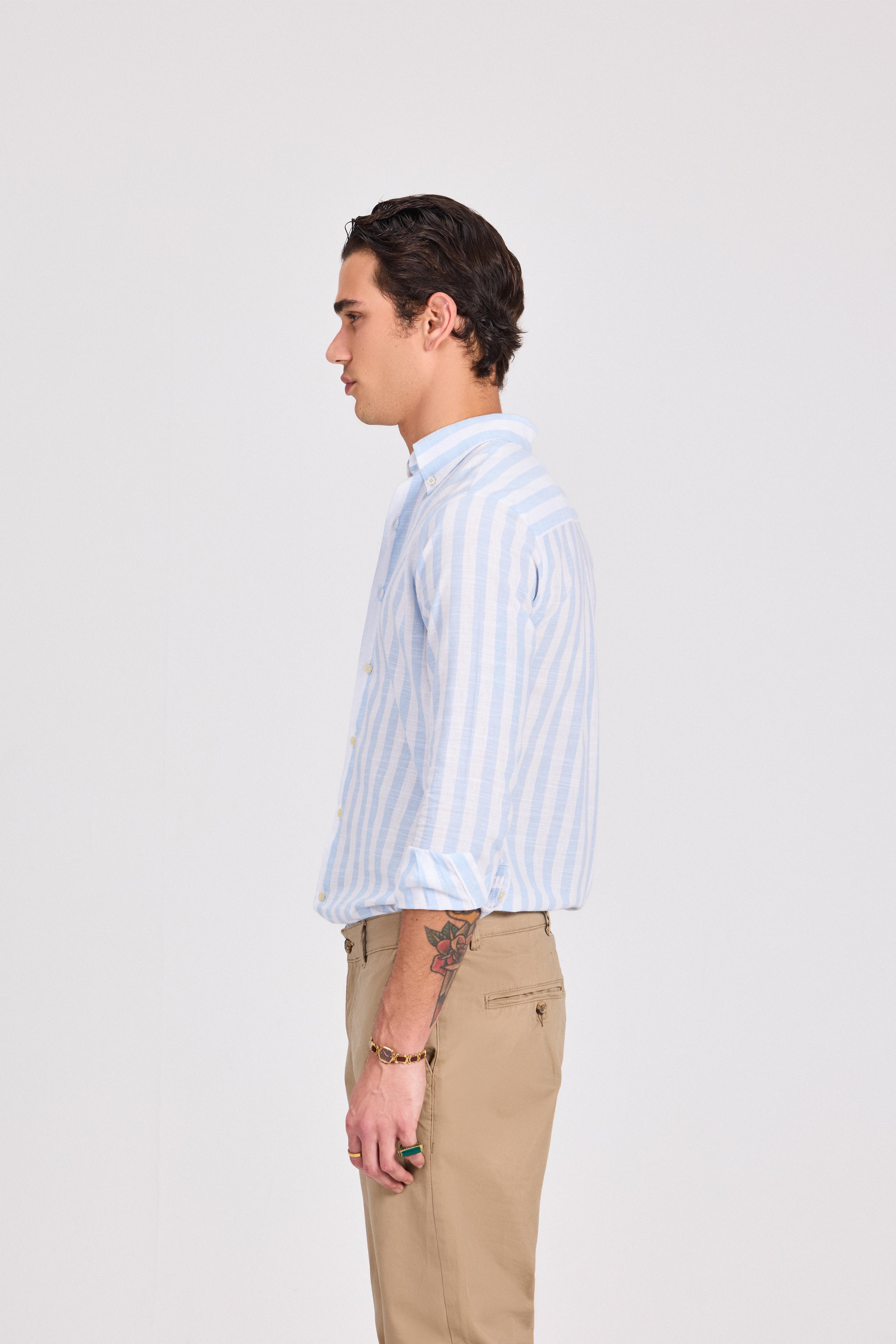 Light Blue Wide Striped Linen-Cotton Shirt
