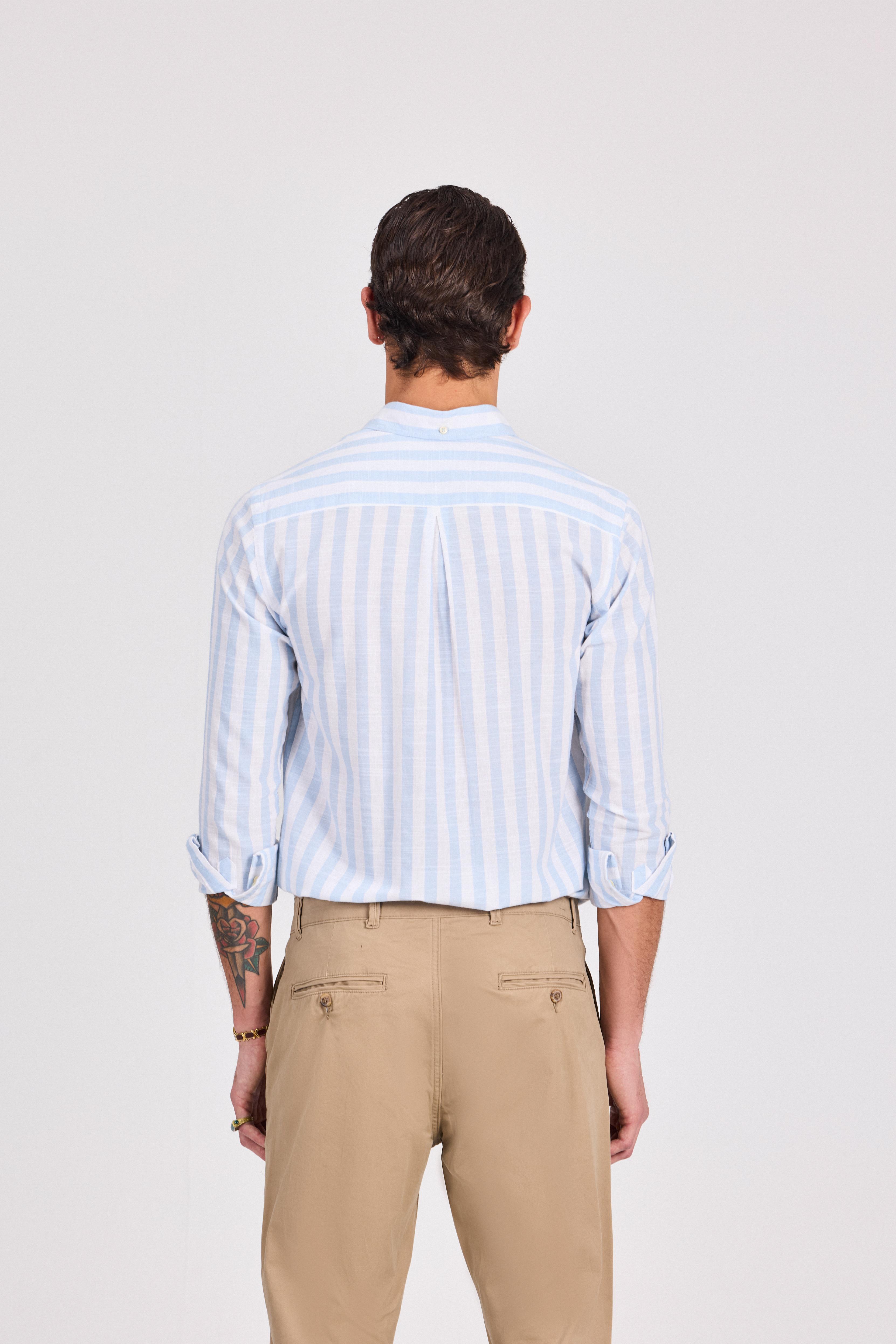 Light Blue Wide Striped Linen-Cotton Shirt