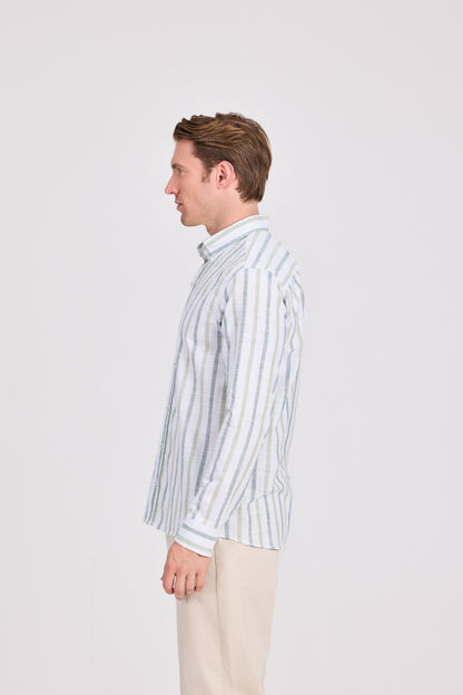 قميص قطني بني مخطط عريض بأكمام طويلة