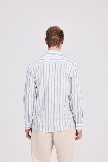 قميص قطني بني مخطط عريض بأكمام طويلة