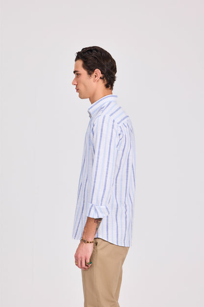 قميص قطني بني مخطط عريض بأكمام طويلة