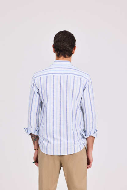 قميص قطني بني مخطط عريض بأكمام طويلة