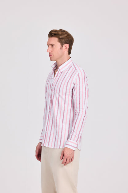 قميص قطني بني مخطط عريض بأكمام طويلة