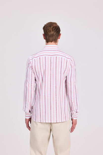 قميص قطني بني مخطط عريض بأكمام طويلة