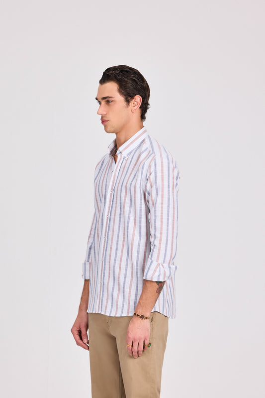 قميص قطني بني مخطط عريض بأكمام طويلة