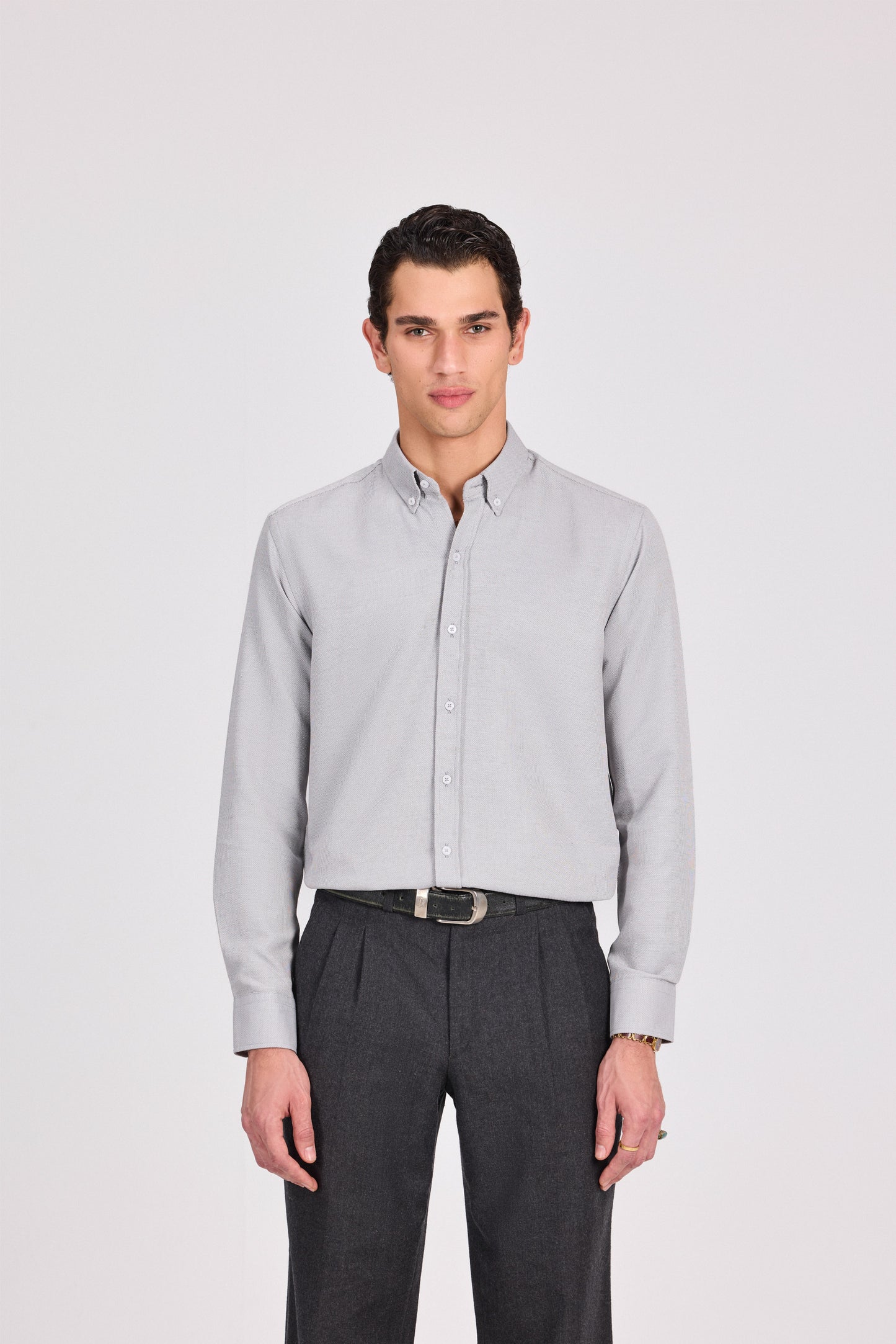 قميص رمادي أنيق كاجوال من البوليستر القطني الجاكار