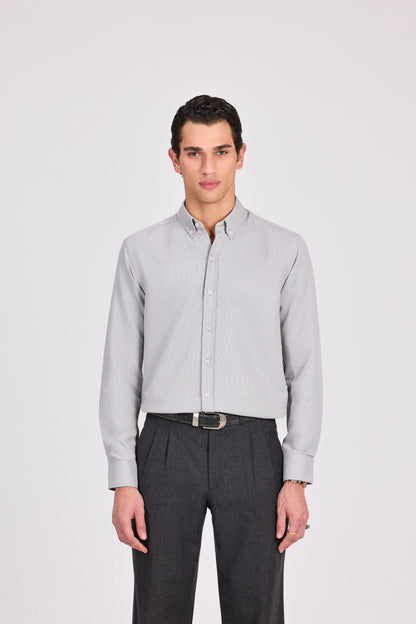 قميص رمادي أنيق كاجوال من البوليستر القطني الجاكار