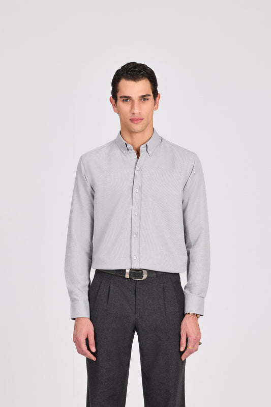 قميص رمادي أنيق كاجوال من البوليستر القطني الجاكار