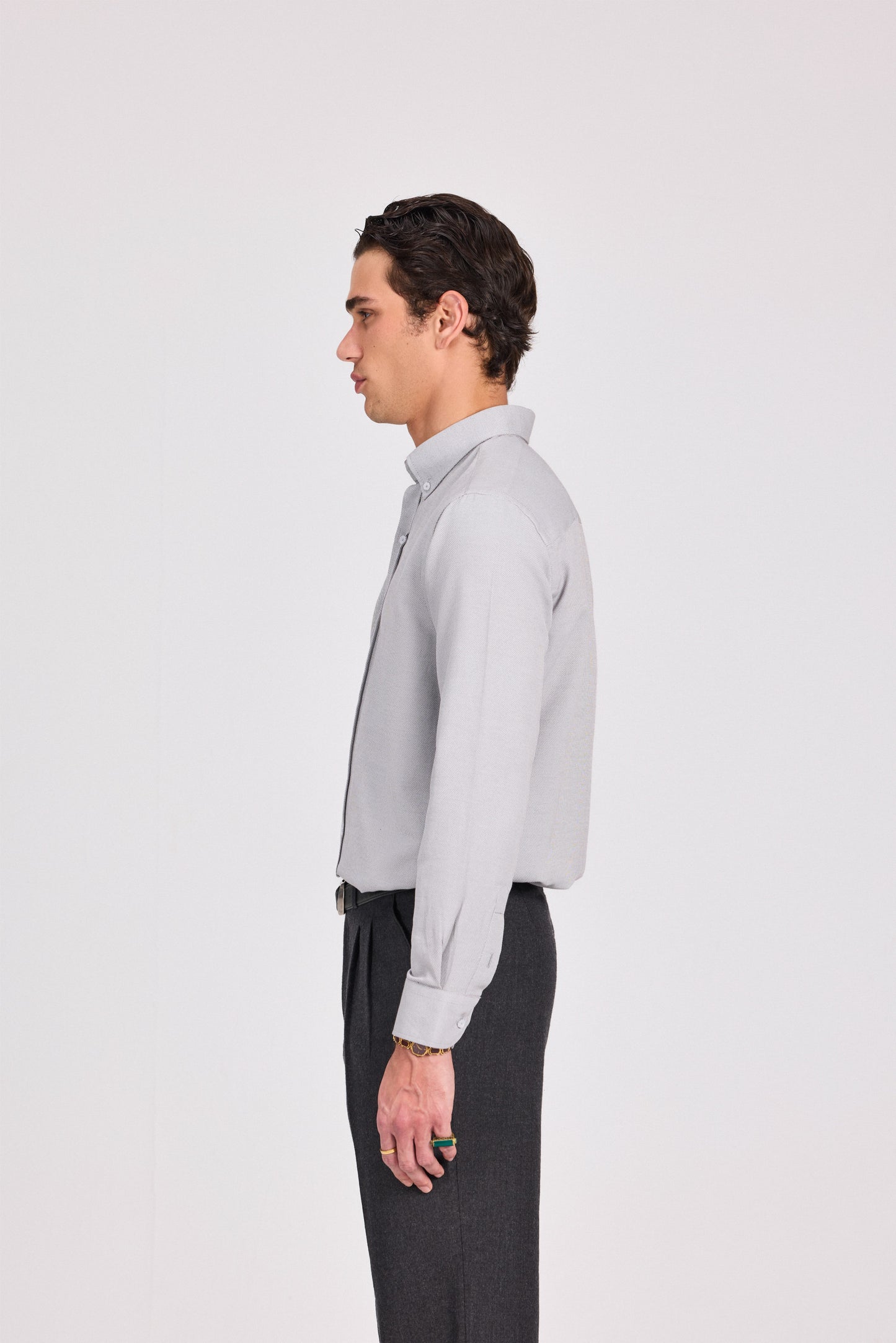 قميص رمادي أنيق كاجوال من البوليستر القطني الجاكار